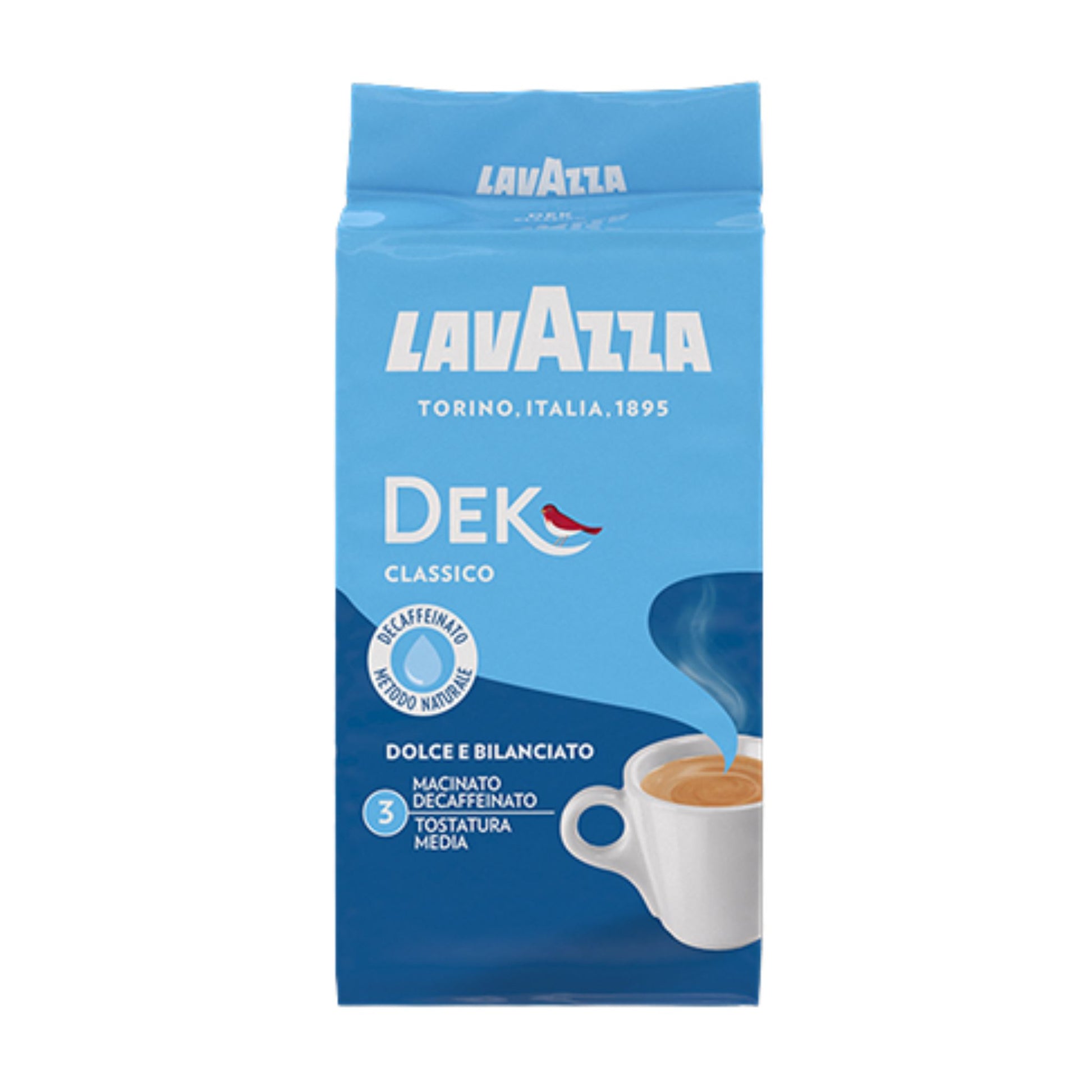 GardenState, Lavazza Dek Classico Decaf ground coffee, 250g. Decaffeinated 100% Arabica blend with full-bodied flavour and notes of almond, milk chocolate, and dried fruit. Smooth, aromatic Italian roast.