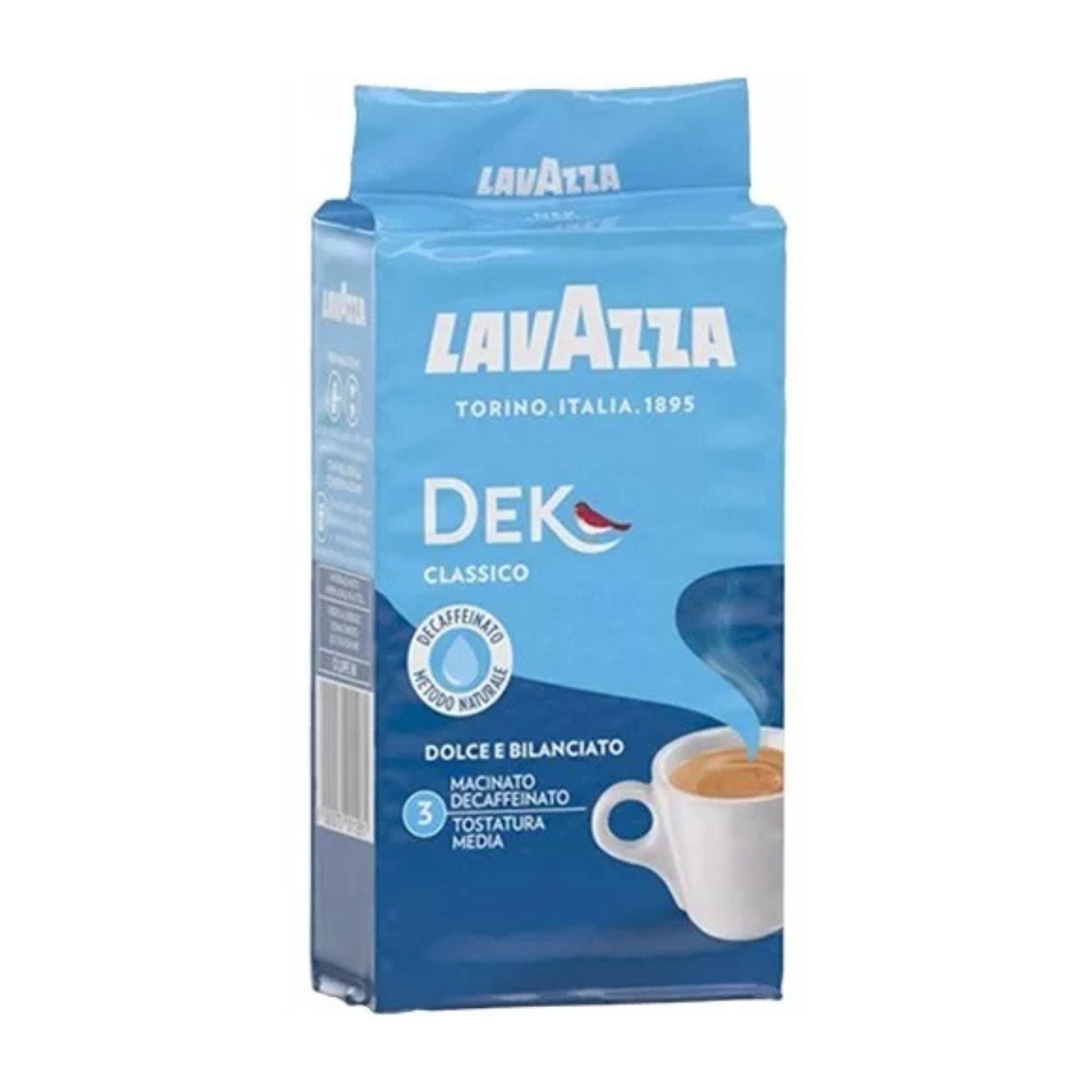 GardenState, Lavazza Dek Classico Decaf ground coffee, 250g. Decaffeinated 100% Arabica blend with full-bodied flavour and notes of almond, milk chocolate, and dried fruit. Smooth, aromatic Italian roast.