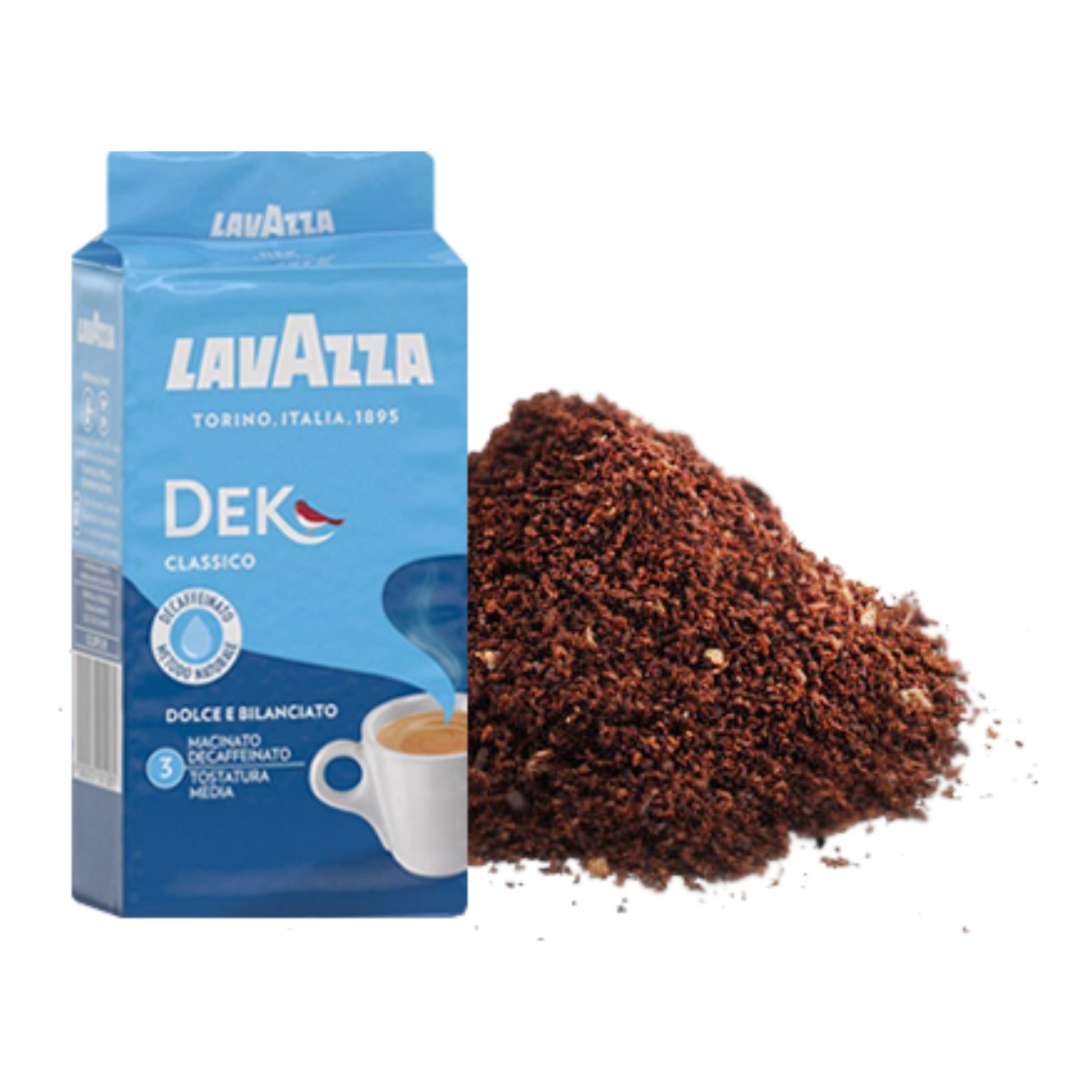 GardenState, Lavazza Dek Classico Decaf ground coffee, 250g. Decaffeinated 100% Arabica blend with full-bodied flavour and notes of almond, milk chocolate, and dried fruit. Smooth, aromatic Italian roast.