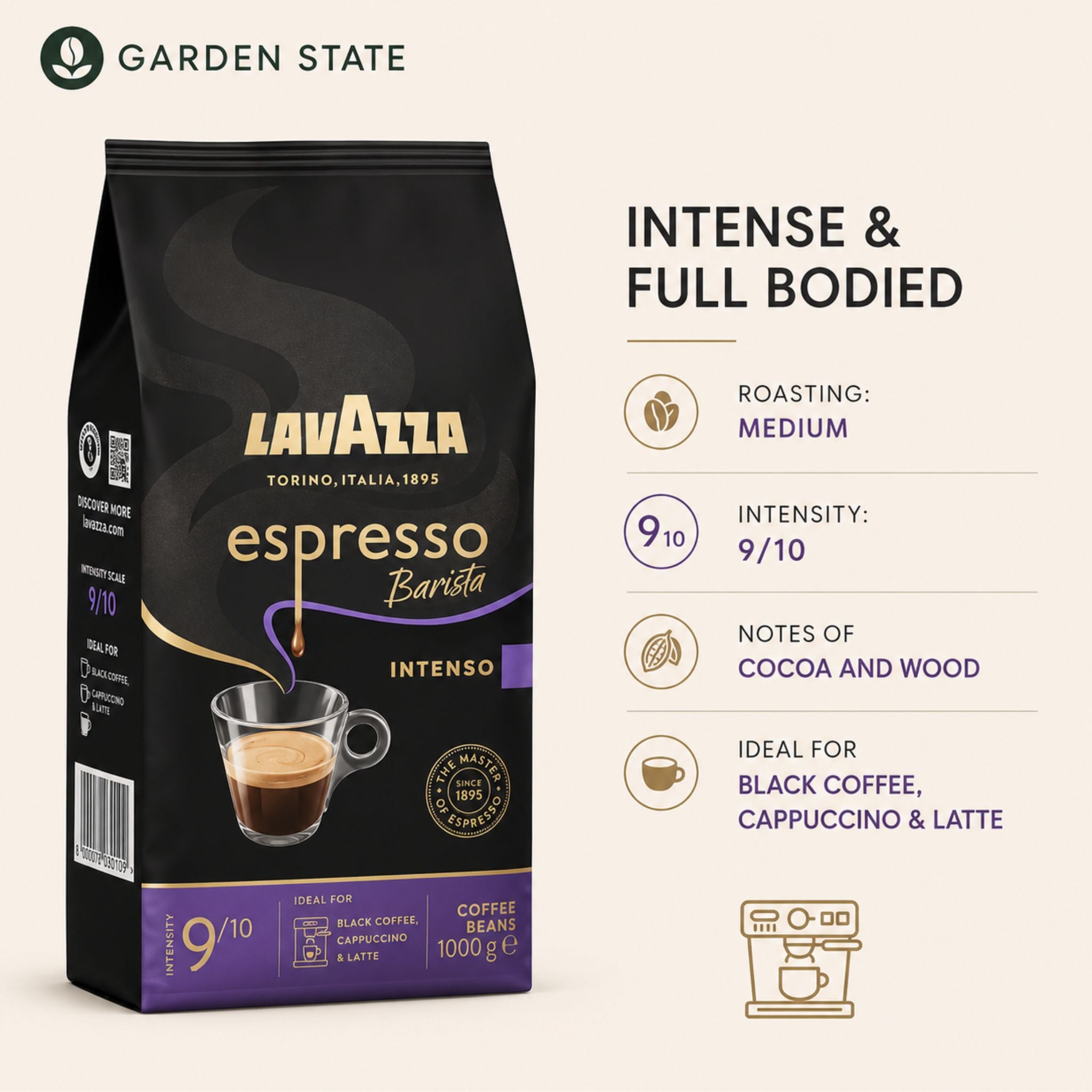 GardenState, Lavazza Espresso Barista Intenso 1kg whole beans – medium roast, intensity 9/10. Full-bodied flavor with cocoa and wood notes, ideal for espresso, cappuccino, and latte.