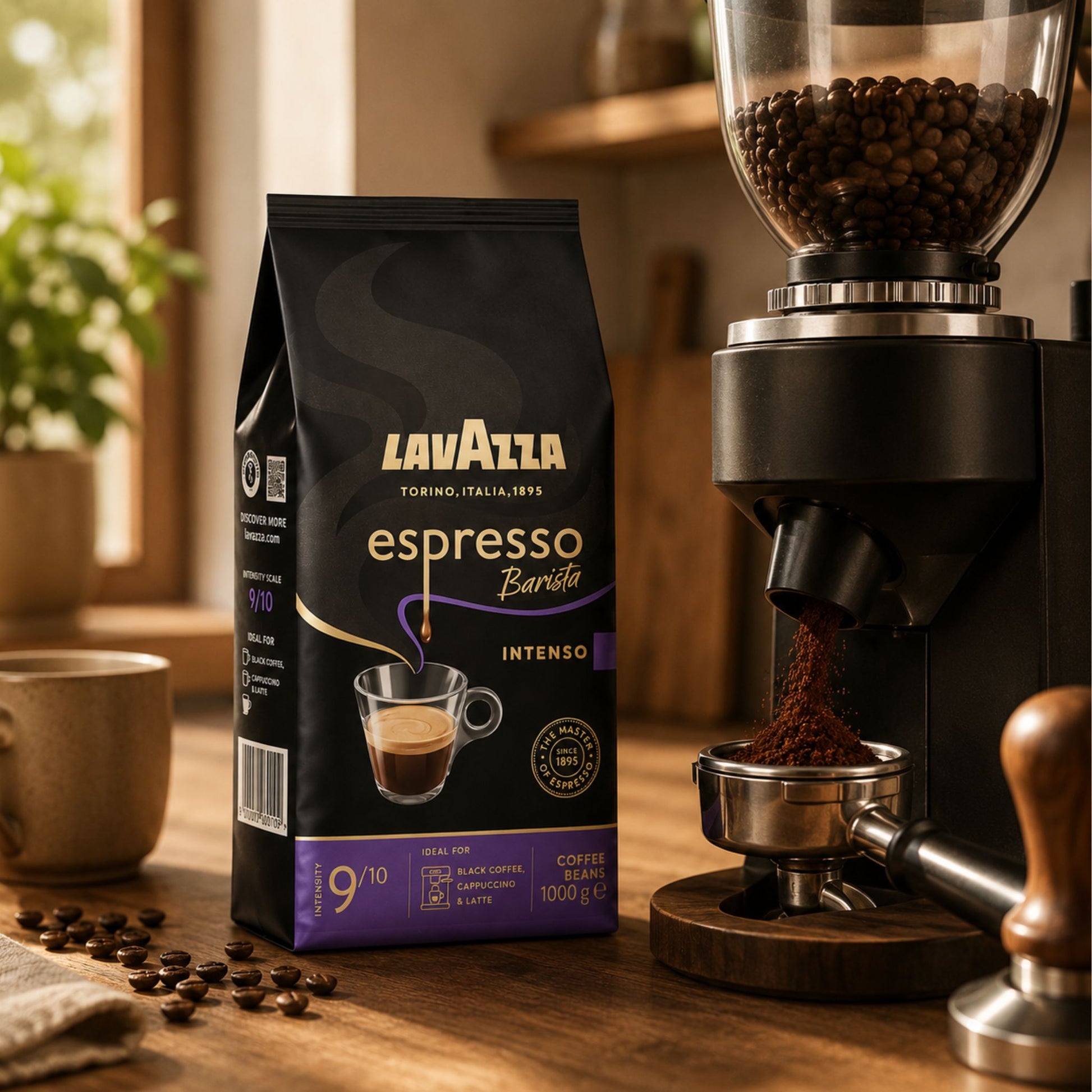 GardenState, Lavazza Espresso Barista Intenso 1kg whole beans – medium roast, intensity 9/10. Full-bodied flavor with cocoa and wood notes, ideal for espresso, cappuccino, and latte.