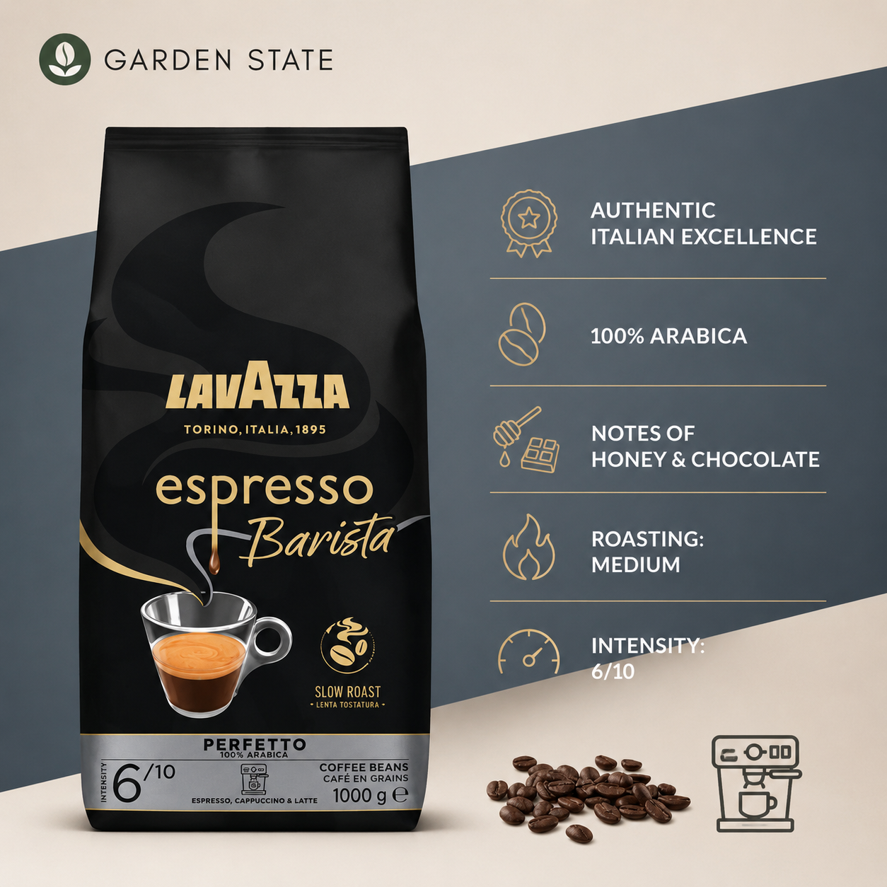 GardenState, Lavazza Espresso Barista Perfetto 1kg whole beans – 100% Arabica, medium roast (6/10 intensity), with honey, chocolate, and roasted coffee notes. Ideal for espresso, cappuccino, or latte.