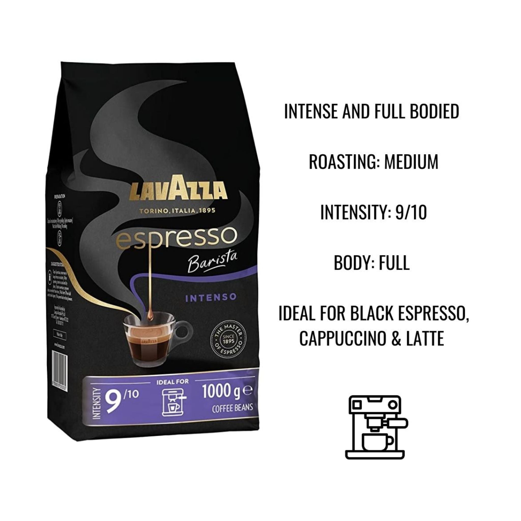 GardenState, Lavazza Espresso Barista Intenso 1kg whole beans – medium roast, intensity 9/10. Full-bodied flavor with cocoa and wood notes, ideal for espresso, cappuccino, and latte.