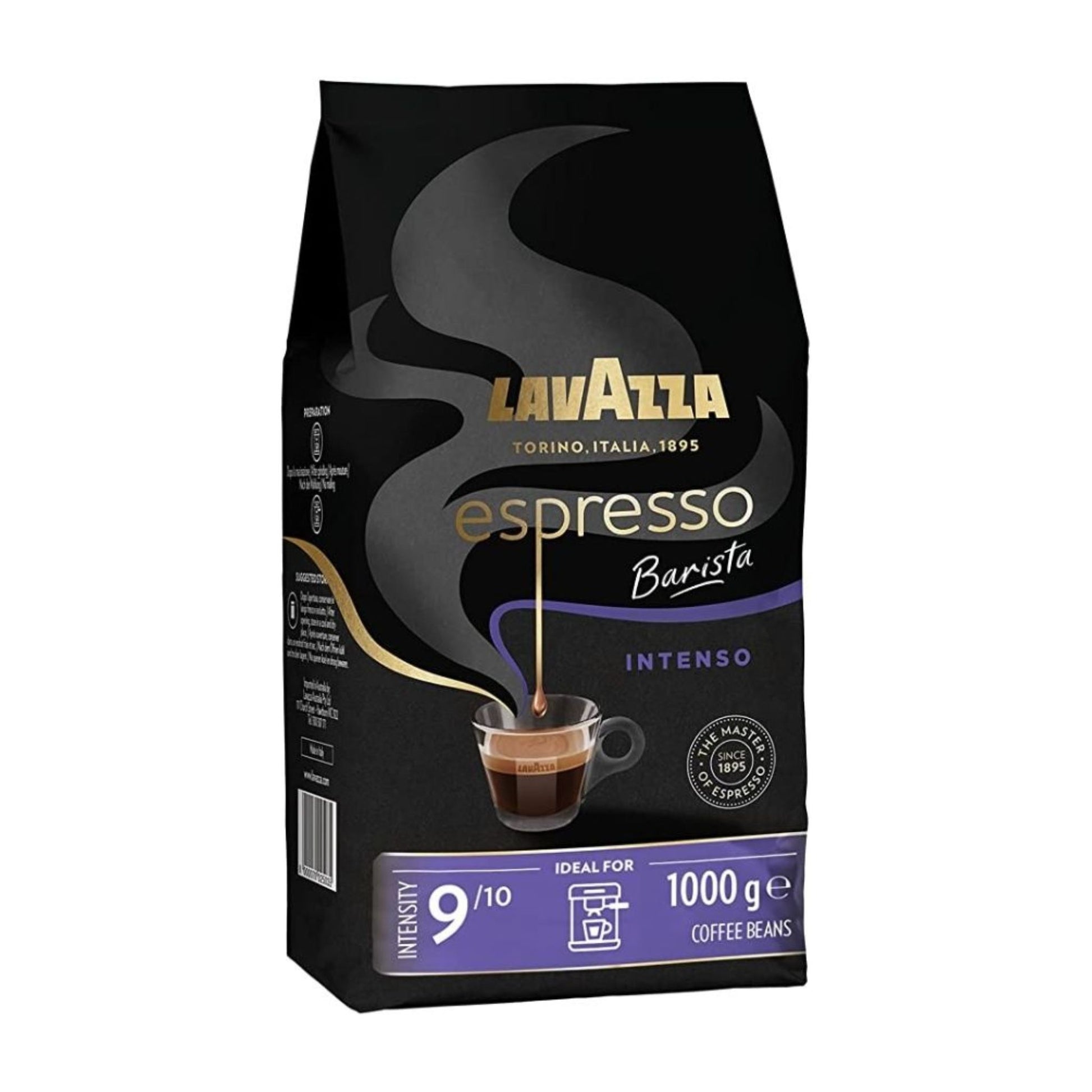 GardenState, Lavazza Espresso Barista Intenso 1kg whole beans – medium roast, intensity 9/10. Full-bodied flavor with cocoa and wood notes, ideal for espresso, cappuccino, and latte.
