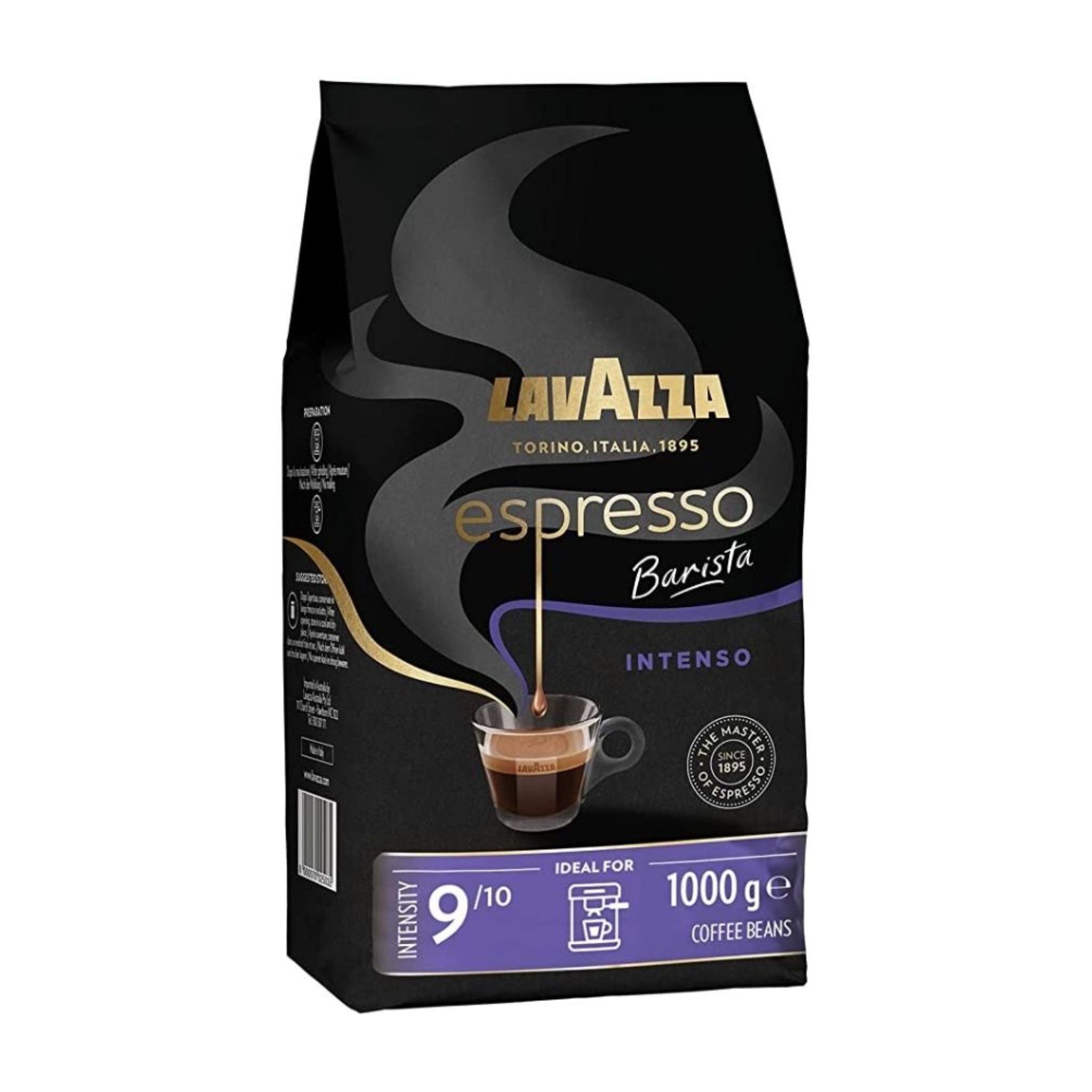 GardenState, Lavazza Espresso Barista Intenso 1kg whole beans – medium roast, intensity 9/10. Full-bodied flavor with cocoa and wood notes, ideal for espresso, cappuccino, and latte.