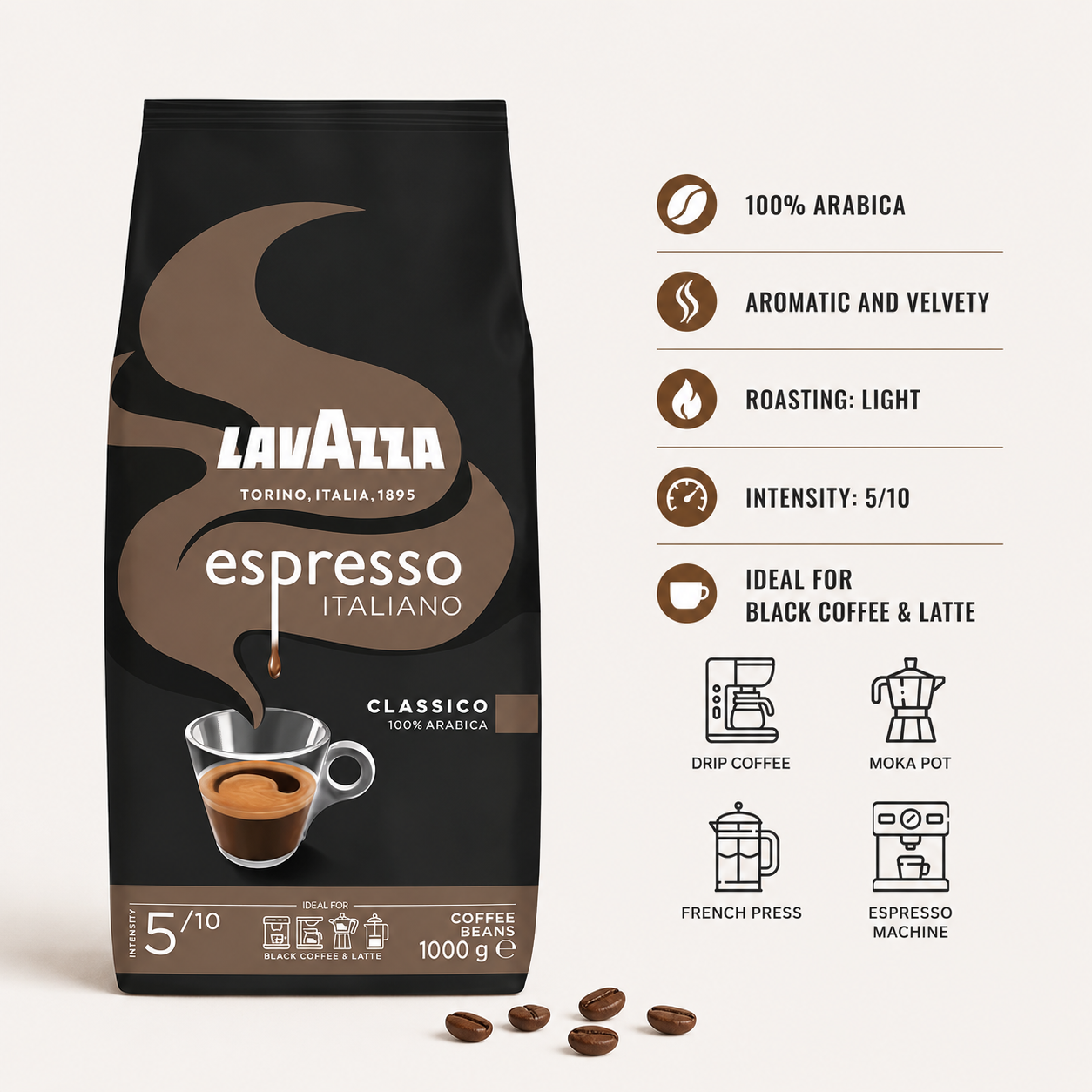 GardenState, Lavazza Espresso Italiano Classico 1kg – Light roast 100% Arabica coffee beans with floral and fruity notes. 