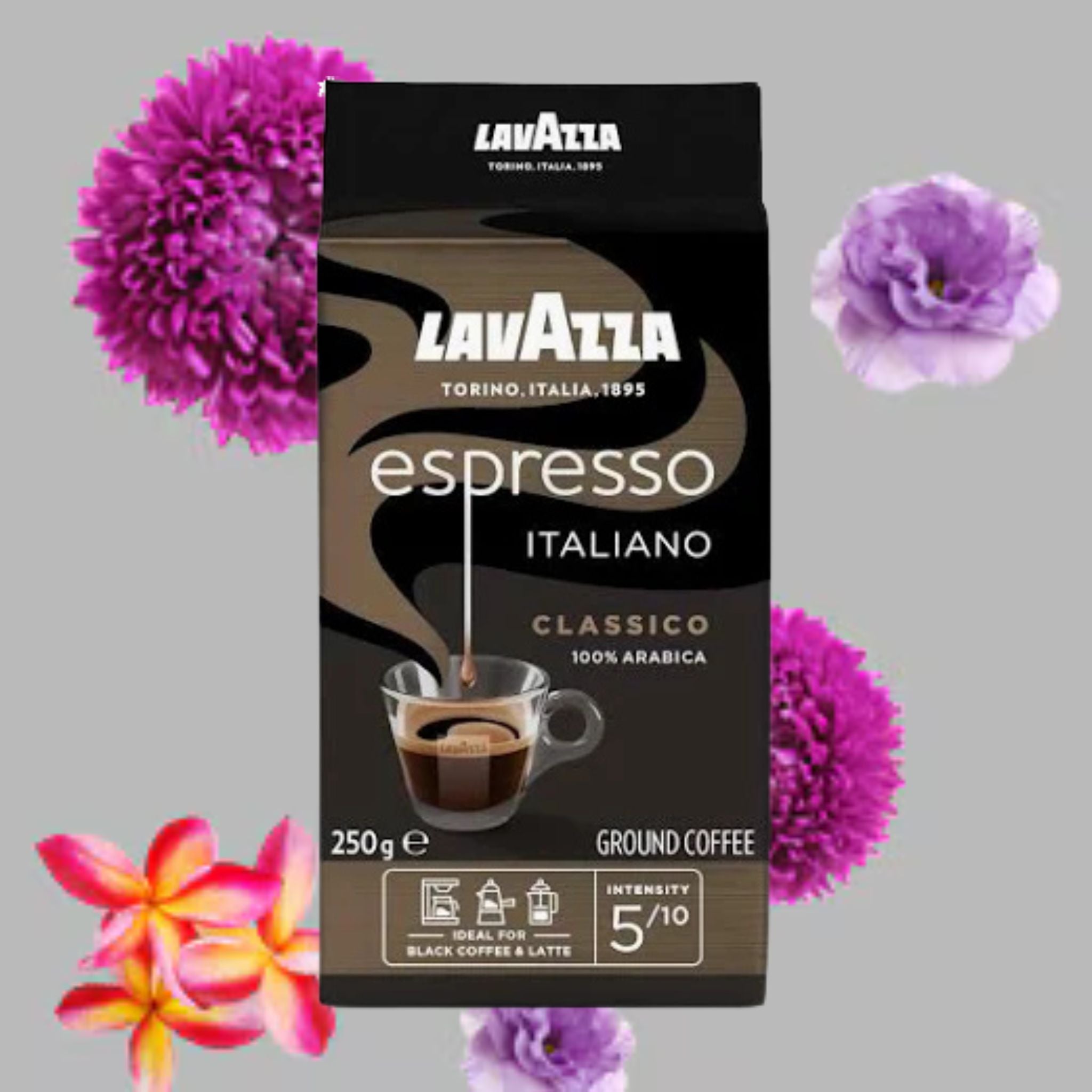 GardenState, Lavazza Espresso Italiano Classico Ground Coffee, 100% Arabica, light roast with 5/10 intensity. Features floral and fruity notes with a smooth, aromatic taste. Ideal for espresso machines, cappuccinos, and lattes. Blended and roasted in Italy, nut-free, and made from premium coffee beans. Perfect for cafés, offices, and restaurants.