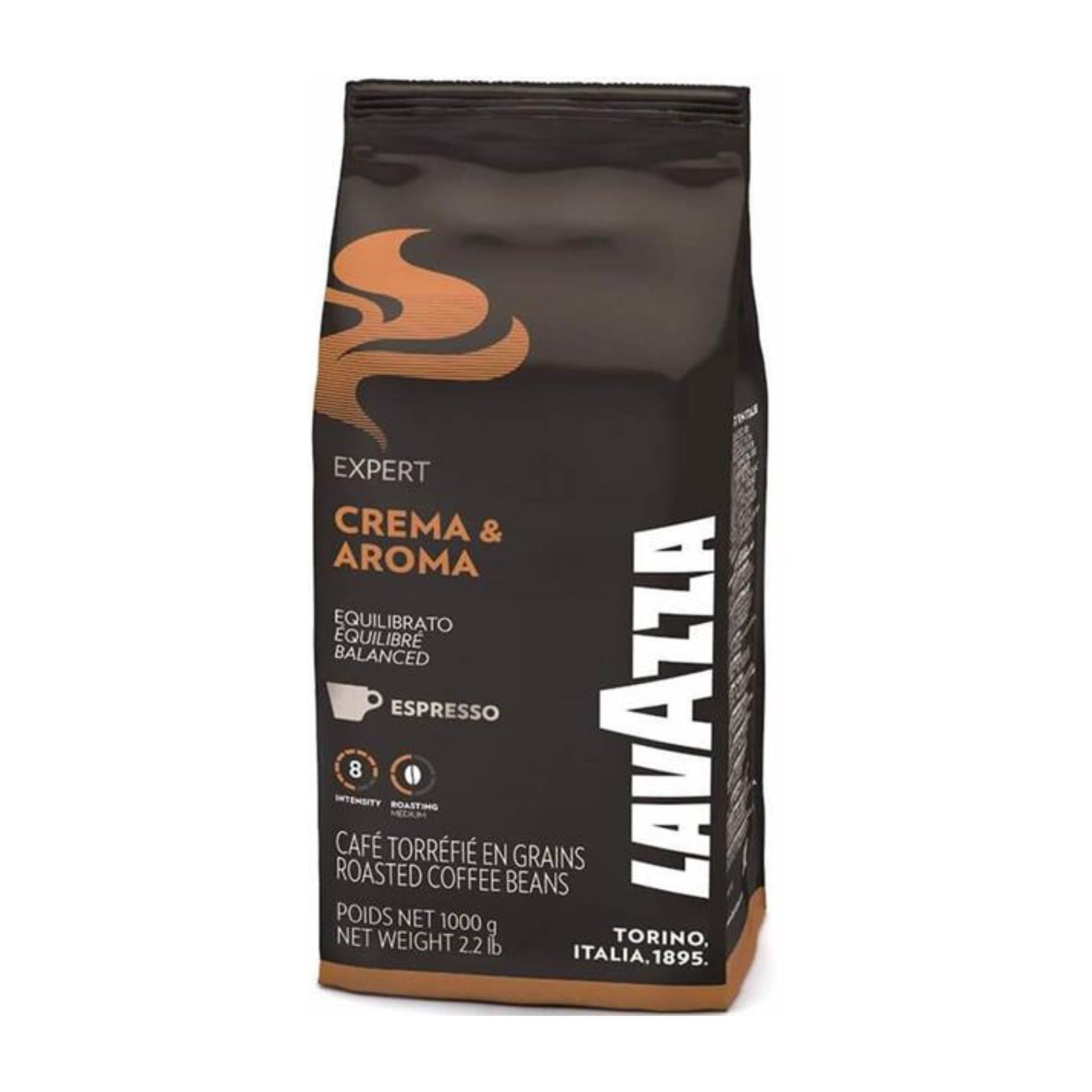 GardenState, Lavazza Expert Crema & Aroma Whole Coffee Beans (1kg) – A premium blend of 40% Arabica and 60% Robusta, medium roast (11/13 intensity). Rich, well-balanced flavor with notes of dried fruit, pine woods, and dark chocolate. Ideal for espresso, black coffee & milk-based drinks.