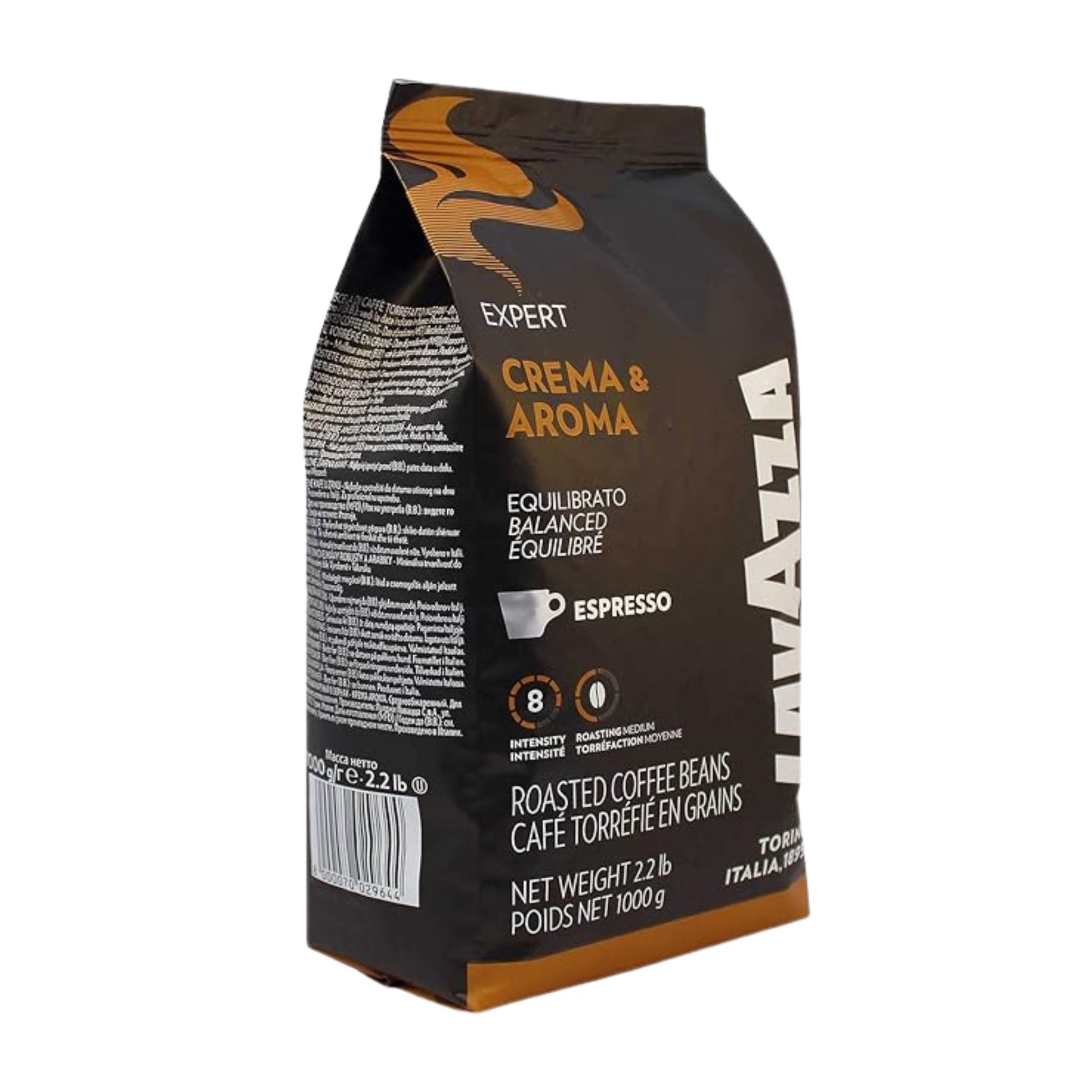 GardenState, Lavazza Expert Crema & Aroma Whole Coffee Beans (1kg) – A premium blend of 40% Arabica and 60% Robusta, medium roast (11/13 intensity). Rich, well-balanced flavor with notes of dried fruit, pine woods, and dark chocolate. Ideal for espresso, black coffee & milk-based drinks.
