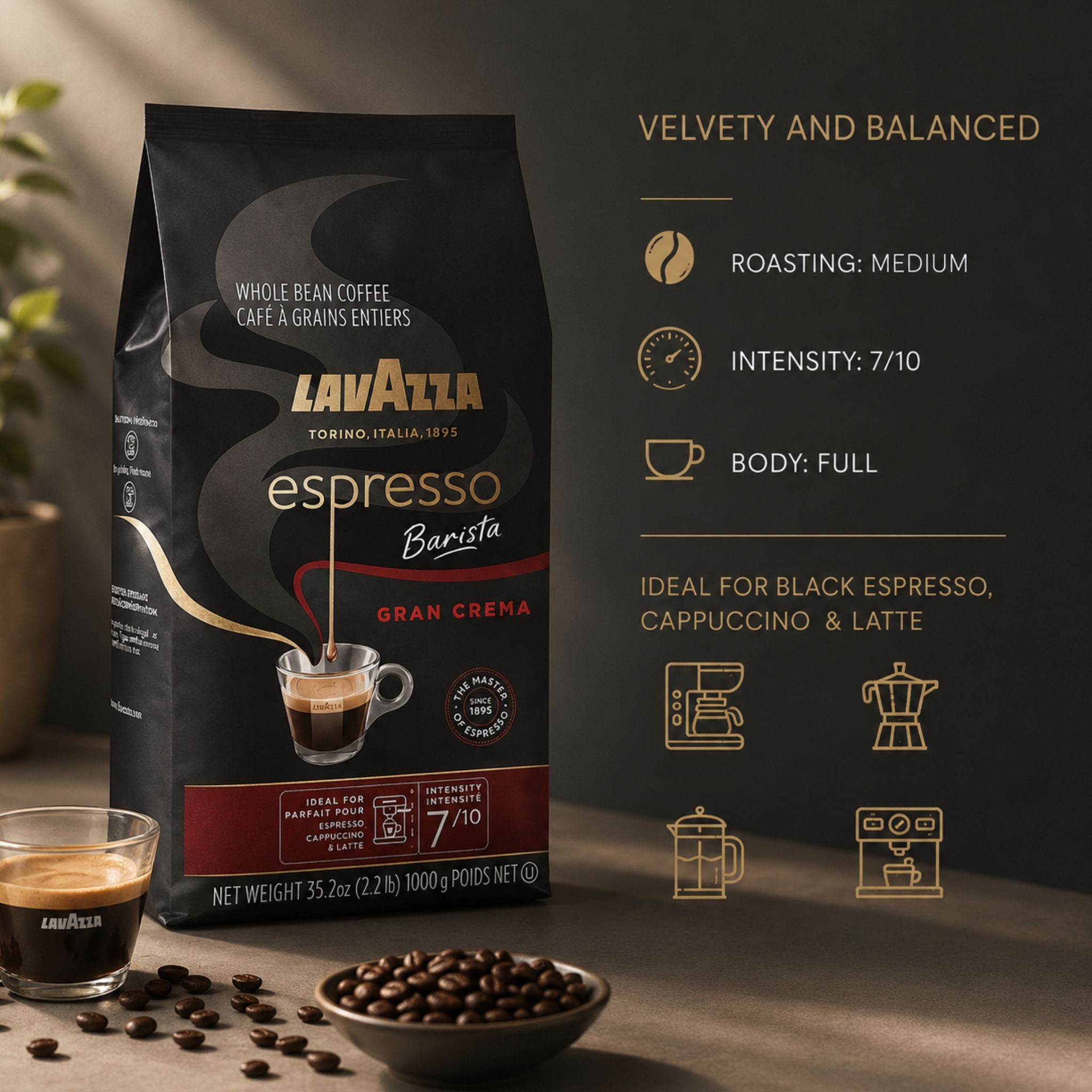GardenState, Premium Italian whole bean coffee offering a rich, rounded flavor with notes of dried fruits, flowers, and nuts. Medium roast (7/10 intensity) ideal for espresso machines. Smooth, balanced aftertaste and a velvety crema, crafted in Italy. Perfect for cafés, offices, and coffee lovers seeking barista-quality espresso.