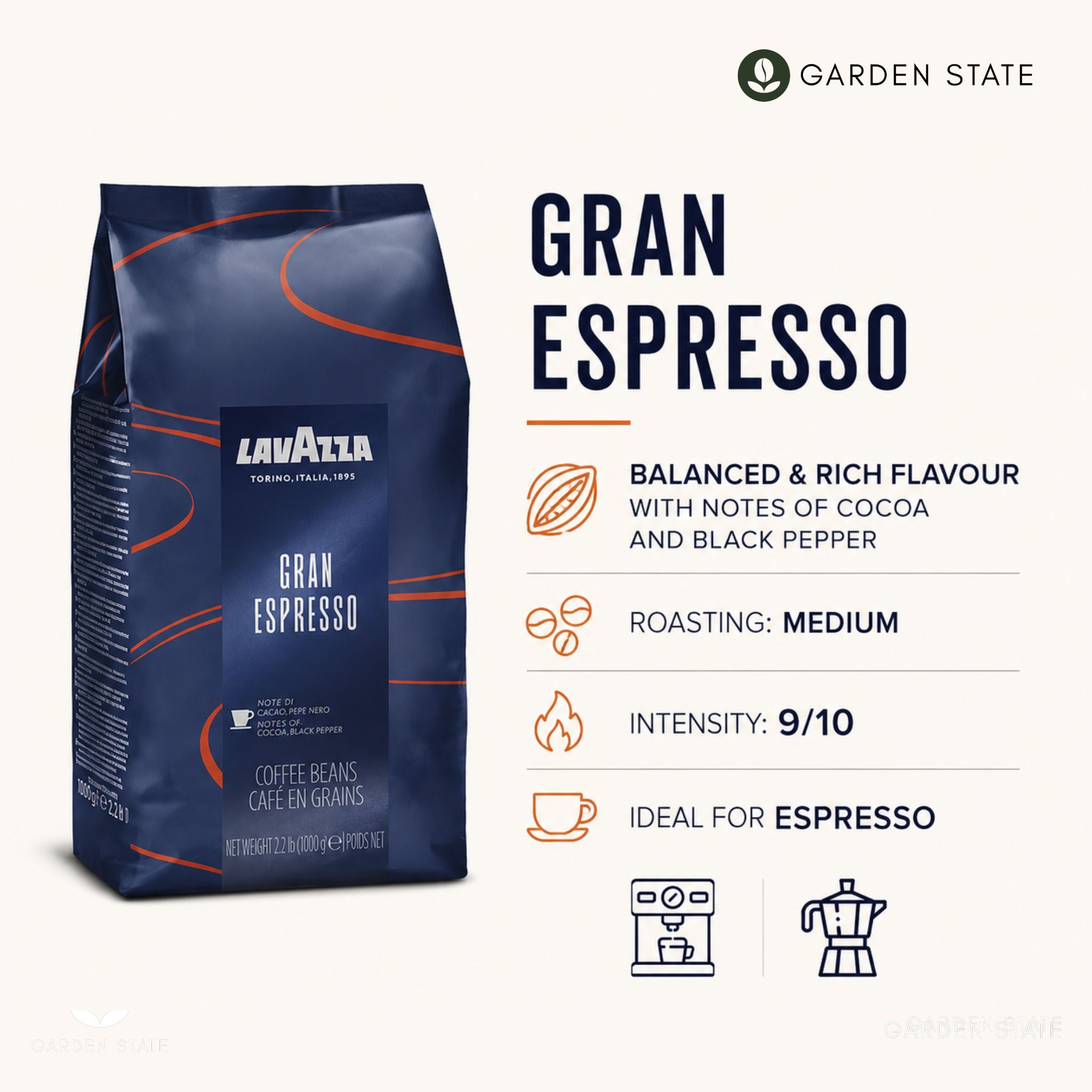 gardenstate Lavazza Gran Espresso whole coffee beans for offices, hotels, restaurants and cafés in Singapore, premium Italian espresso blend with cocoa and black pepper notes, medium roast coffee beans for bean-to-cup machines, workplace pantry and hospitality coffee supply