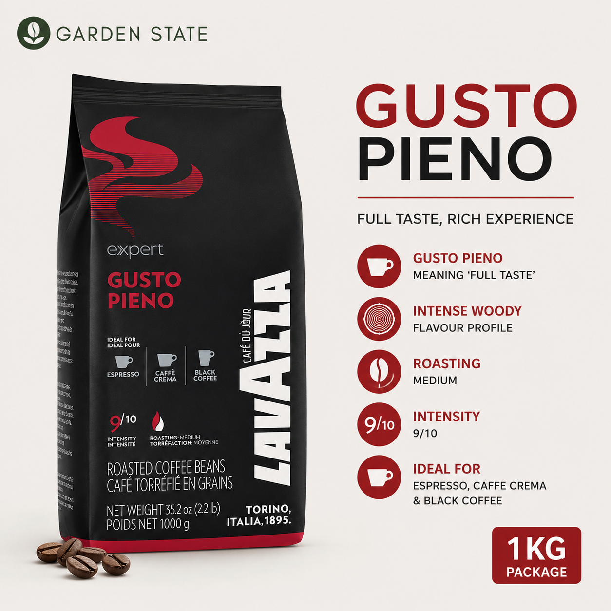 GardenState, Lavazza Expert Gusto Pieno Whole Coffee Beans offer delivering a powerful, rich coffee experience. Ideal for espresso machines, vending machines, and automatic coffee makers, making it a great choice for high-demand environments like offices and commercial spaces. 