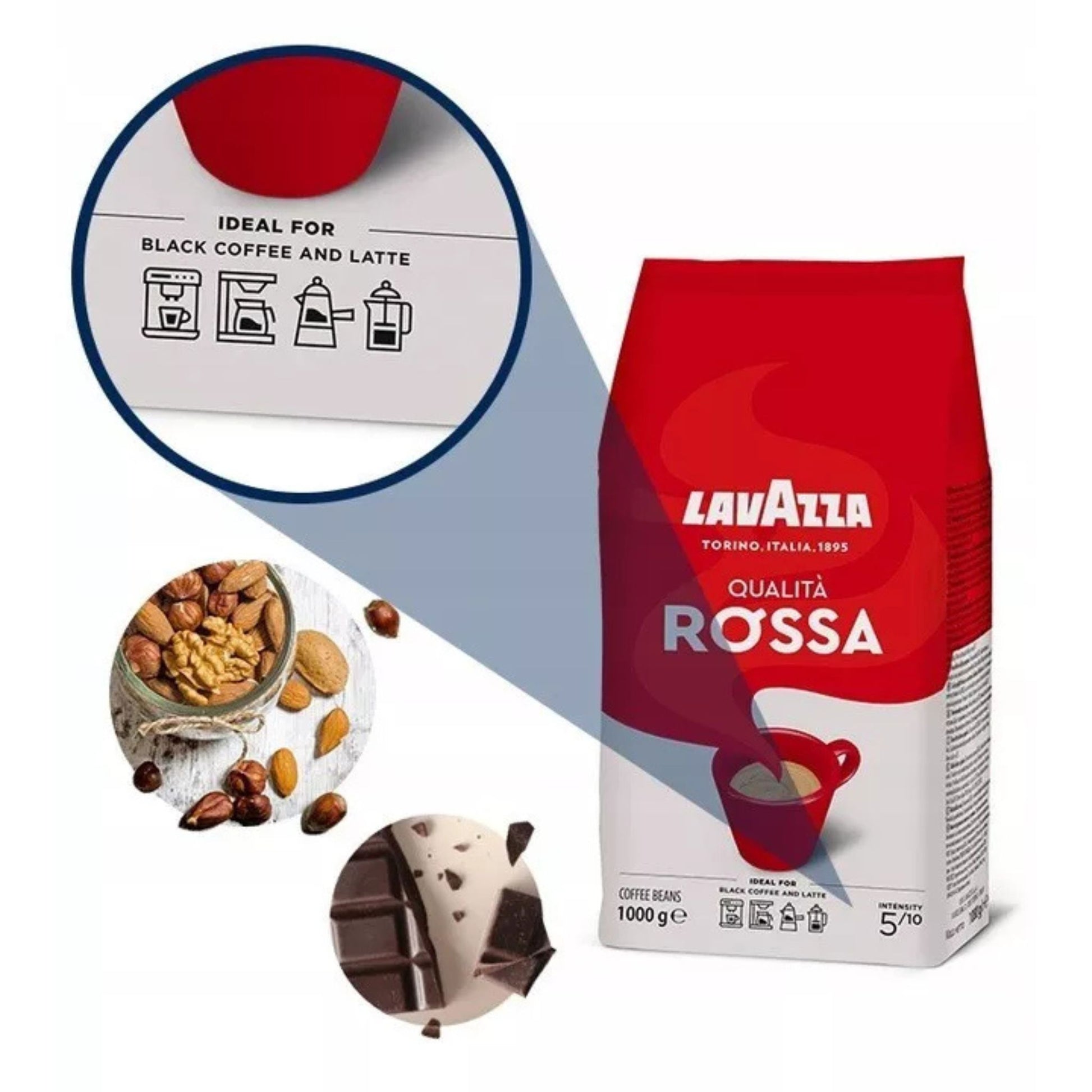 GardenState - Lavazza Qualità Rossa Italian whole coffee beans, medium roast, 1kg pack. A rich blend of Brazilian Arabica and African Robusta with a full body and persistent aftertaste. Ideal for espresso and versatile for any coffee maker.