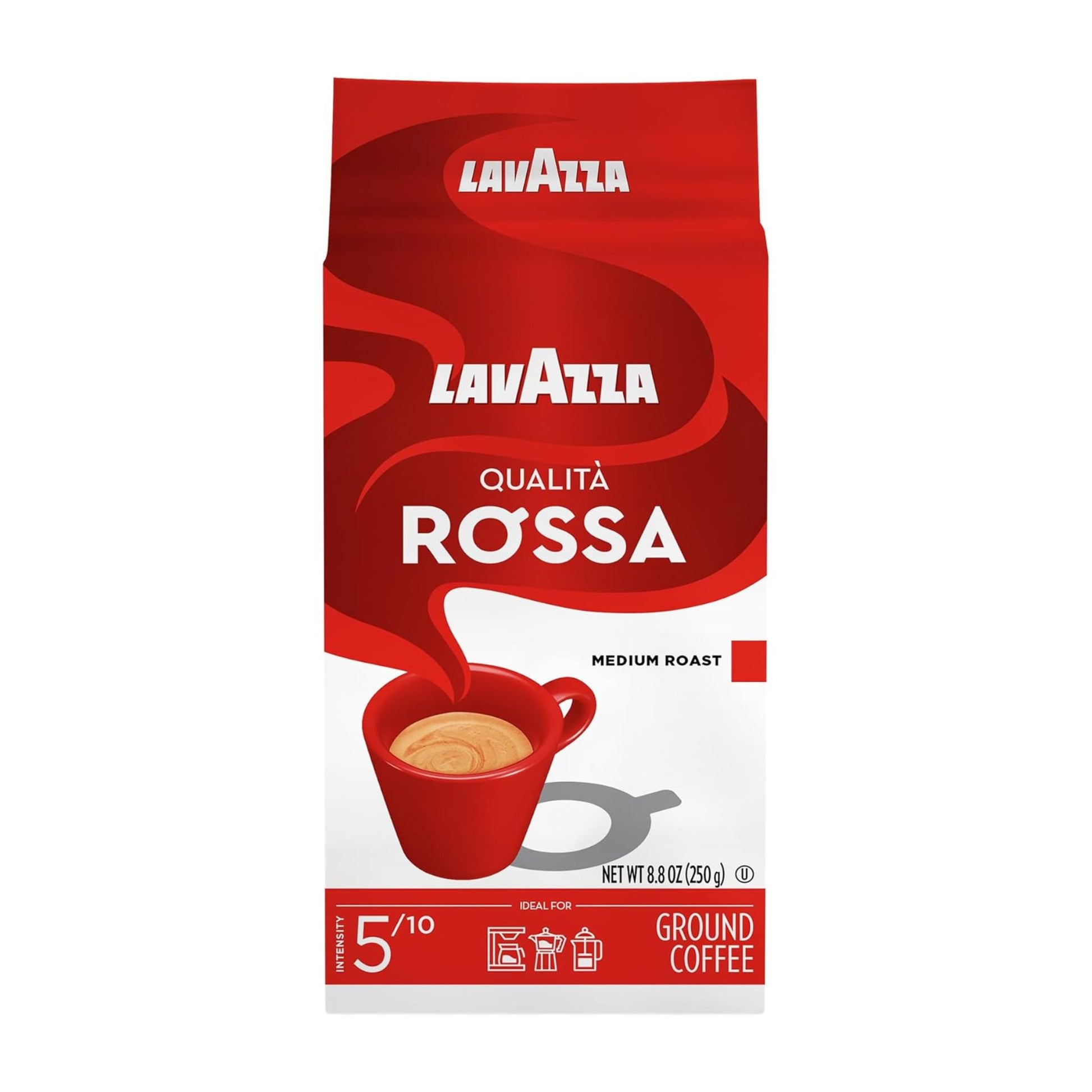 GardenState - Lavazza Qualità Rossa Italian ground coffee, medium roast, 250g pack. A rich blend of Brazilian Arabica and African Robusta with a full body and persistent aftertaste. Ideal for espresso and versatile for any coffee maker