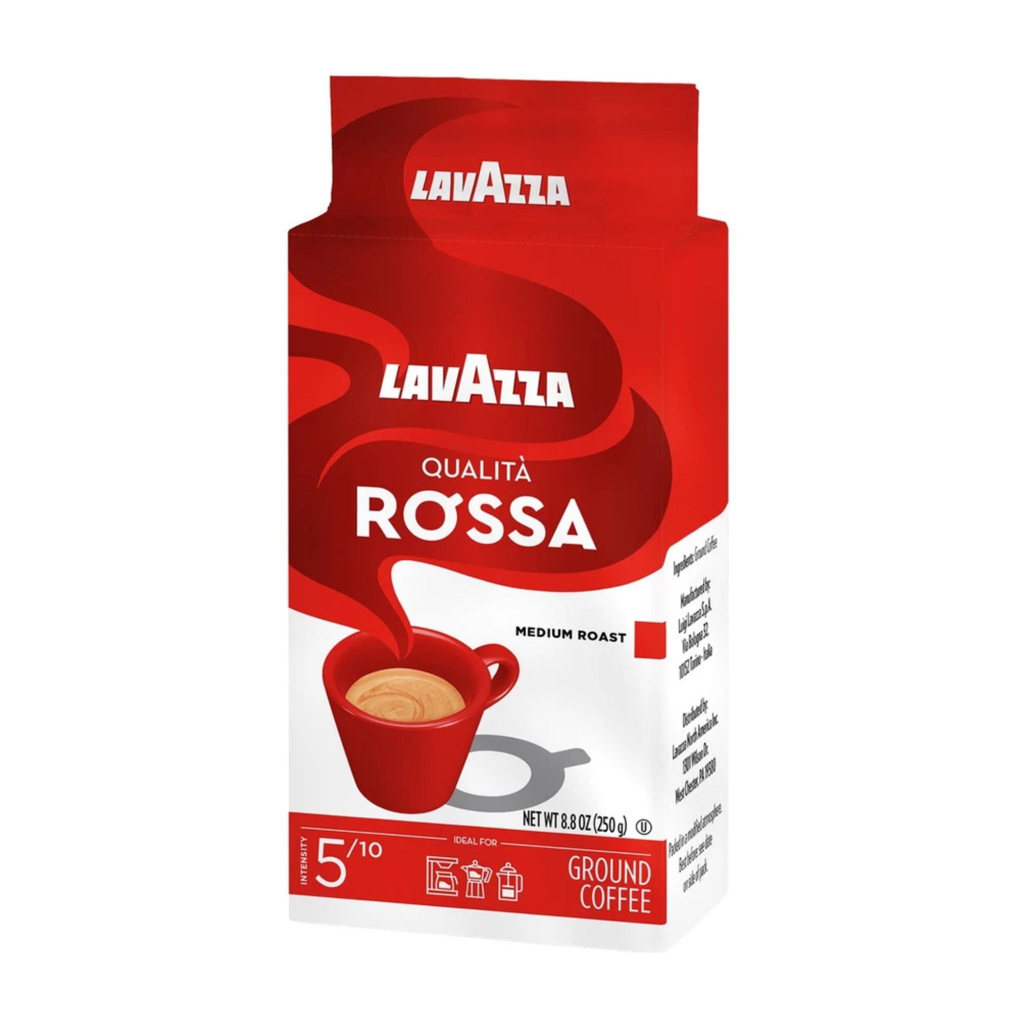 GardenState - Lavazza Qualità Rossa Italian ground coffee, medium roast, 250g pack. A rich blend of Brazilian Arabica and African Robusta with a full body and persistent aftertaste. Ideal for espresso and versatile for any coffee maker.