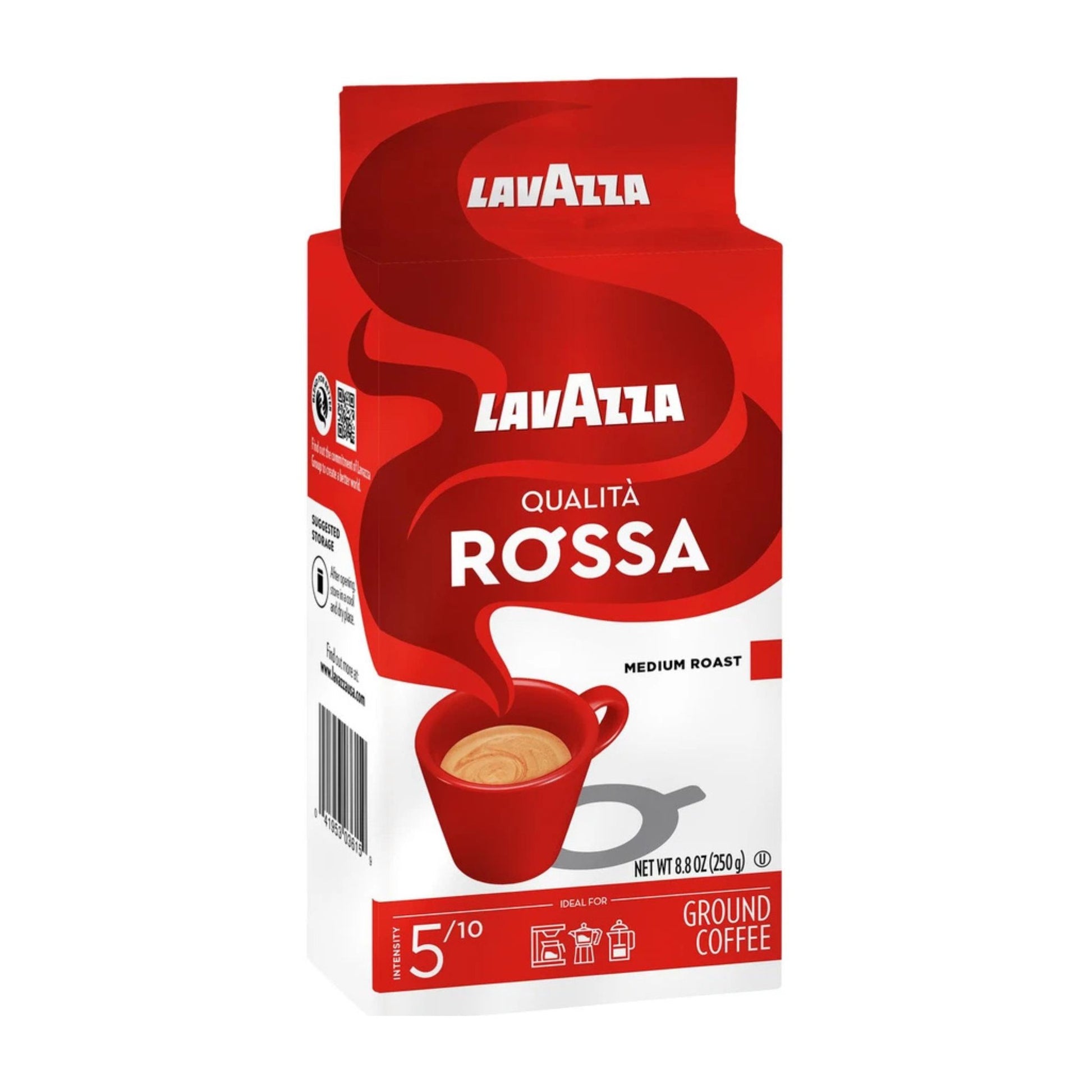 GardenState - Lavazza Qualità Rossa Italian ground coffee, medium roast, 250g pack. A rich blend of Brazilian Arabica and African Robusta with a full body and persistent aftertaste. Ideal for espresso and versatile for any coffee maker.