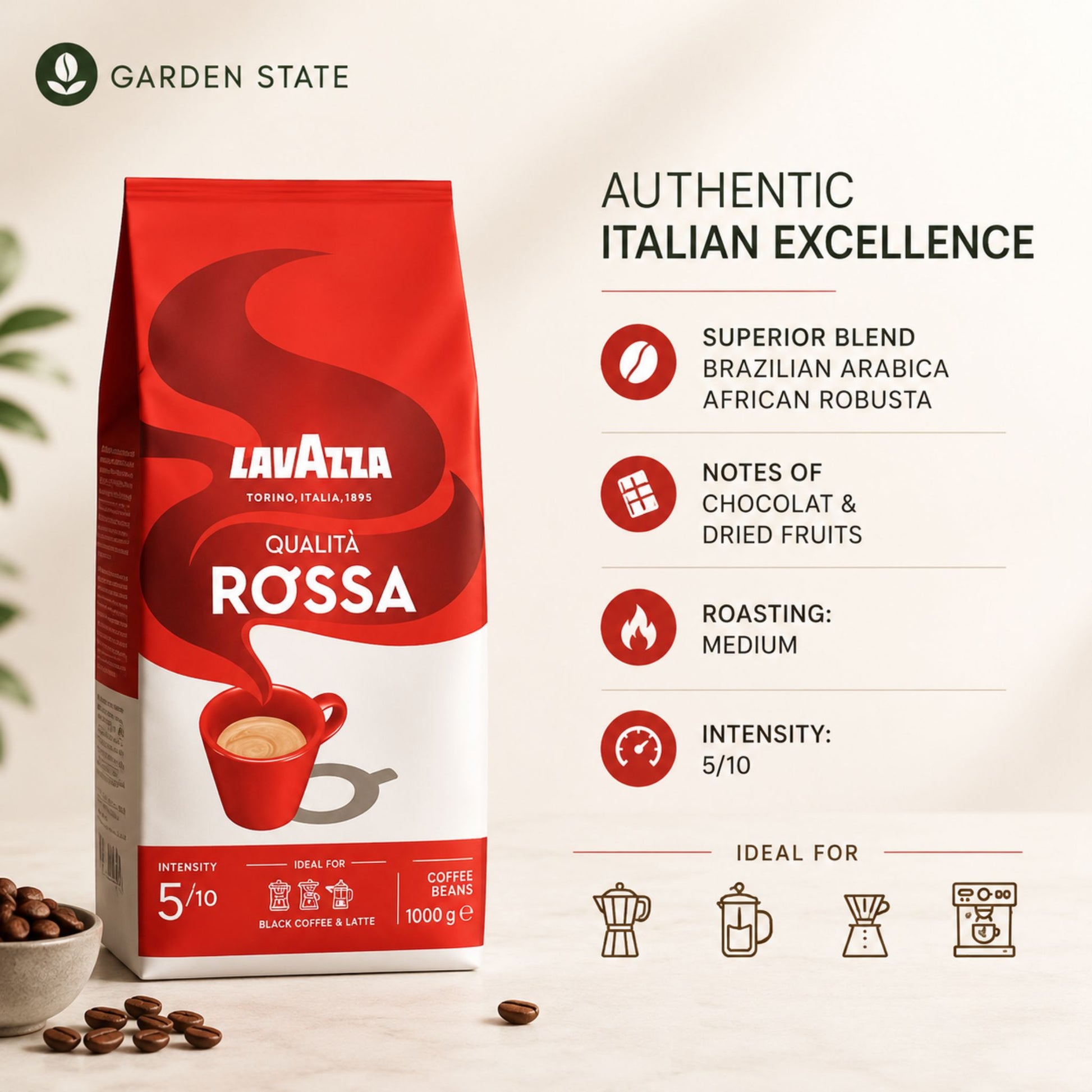 GardenState - Lavazza Qualità Rossa Italian whole coffee beans, medium roast, 1kg pack. A rich blend of Brazilian Arabica and African Robusta with a full body and persistent aftertaste. Ideal for espresso and versatile for any coffee maker.