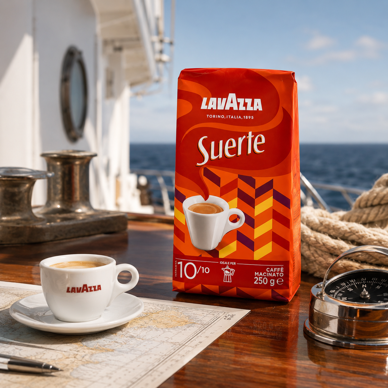 Lavazza Suerte ground coffee, strong Italian Robusta blend high caffeine. B2B coffee supplier for ship chandlers and maritime use.