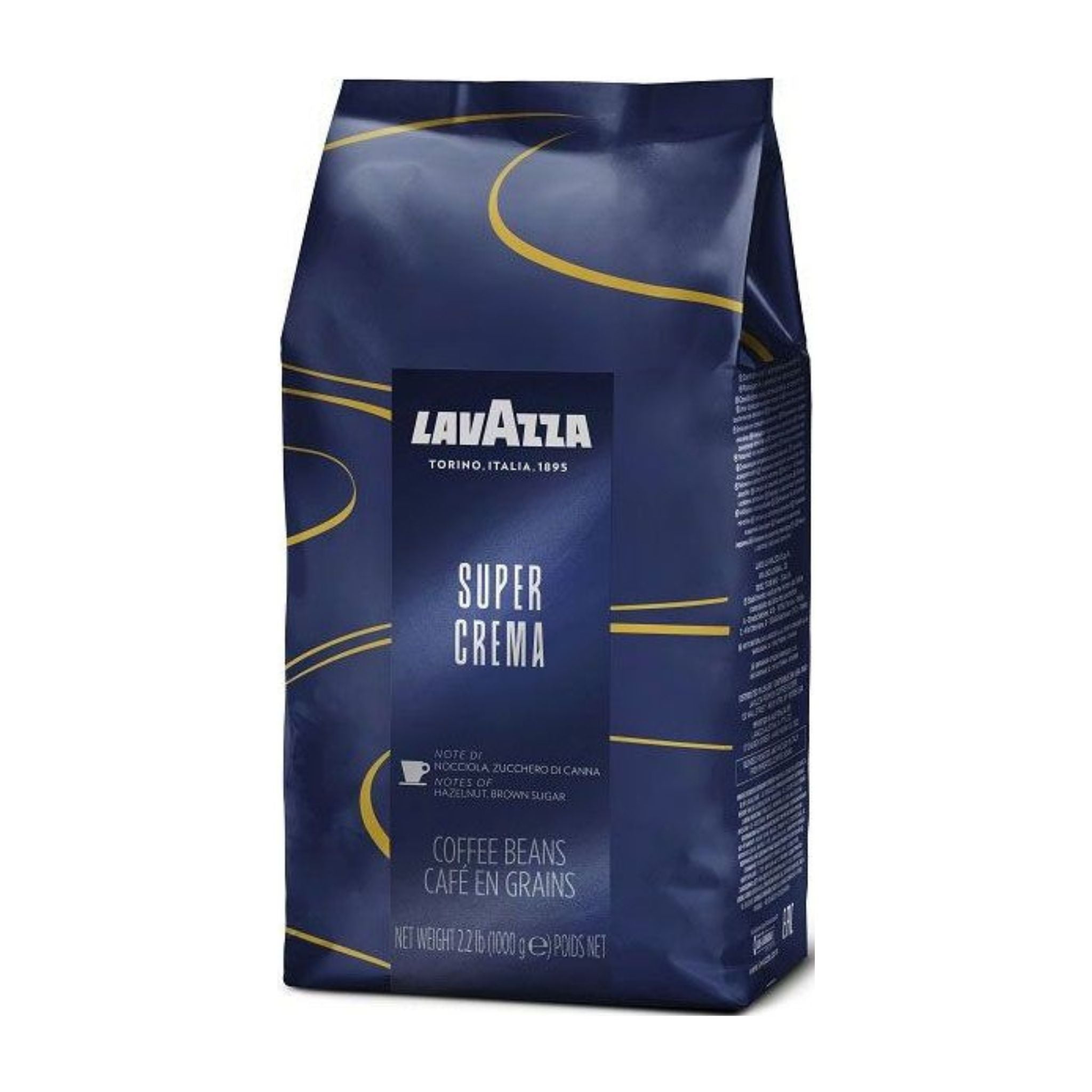 GardenState, Lavazza Super Crema Whole Bean Coffee (1kg) – Smooth, balanced Italian espresso with a creamy texture. A premium medium roast blend (6/10 intensity) of 60% Arabica and 40% Robusta, featuring rich notes of hazelnuts and brown sugar. Perfect for espresso machines, cappuccinos, and lattes. Roasted in Italy, nut-free, and packed for freshness.