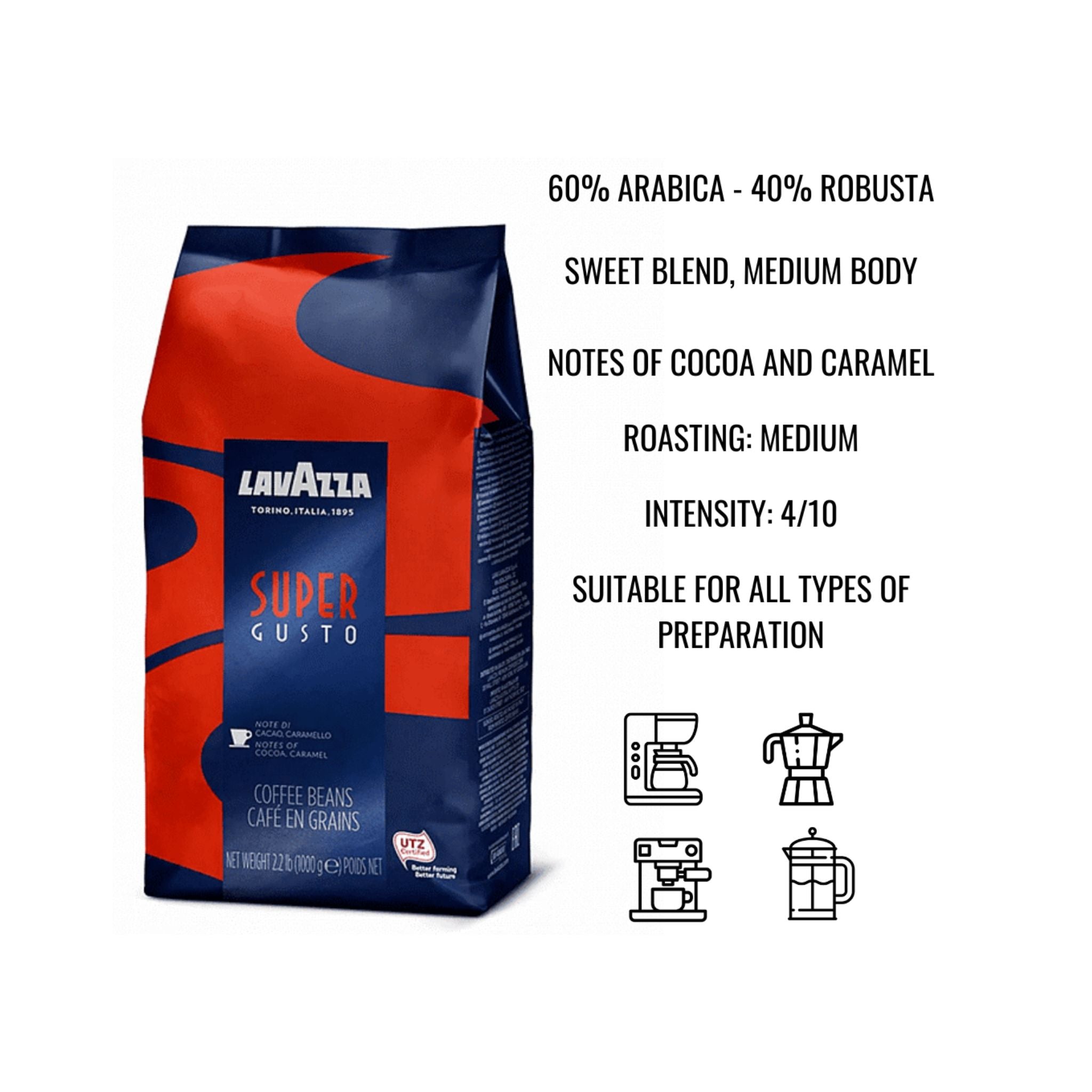 GardenState, Lavazza Specials - Super Gusto Whole Bean Coffee (1kg, Medium Roast, 4/10 Intensity). A balanced 60% Arabica, 40% Robusta blend with rich cocoa, caramel, and warm spice notes. Sustainably sourced and Rainforest Alliance-certified. Ideal for espresso machines, Moka pots, and filter coffee makers. Roasted in Italy for a smooth, aromatic experience.