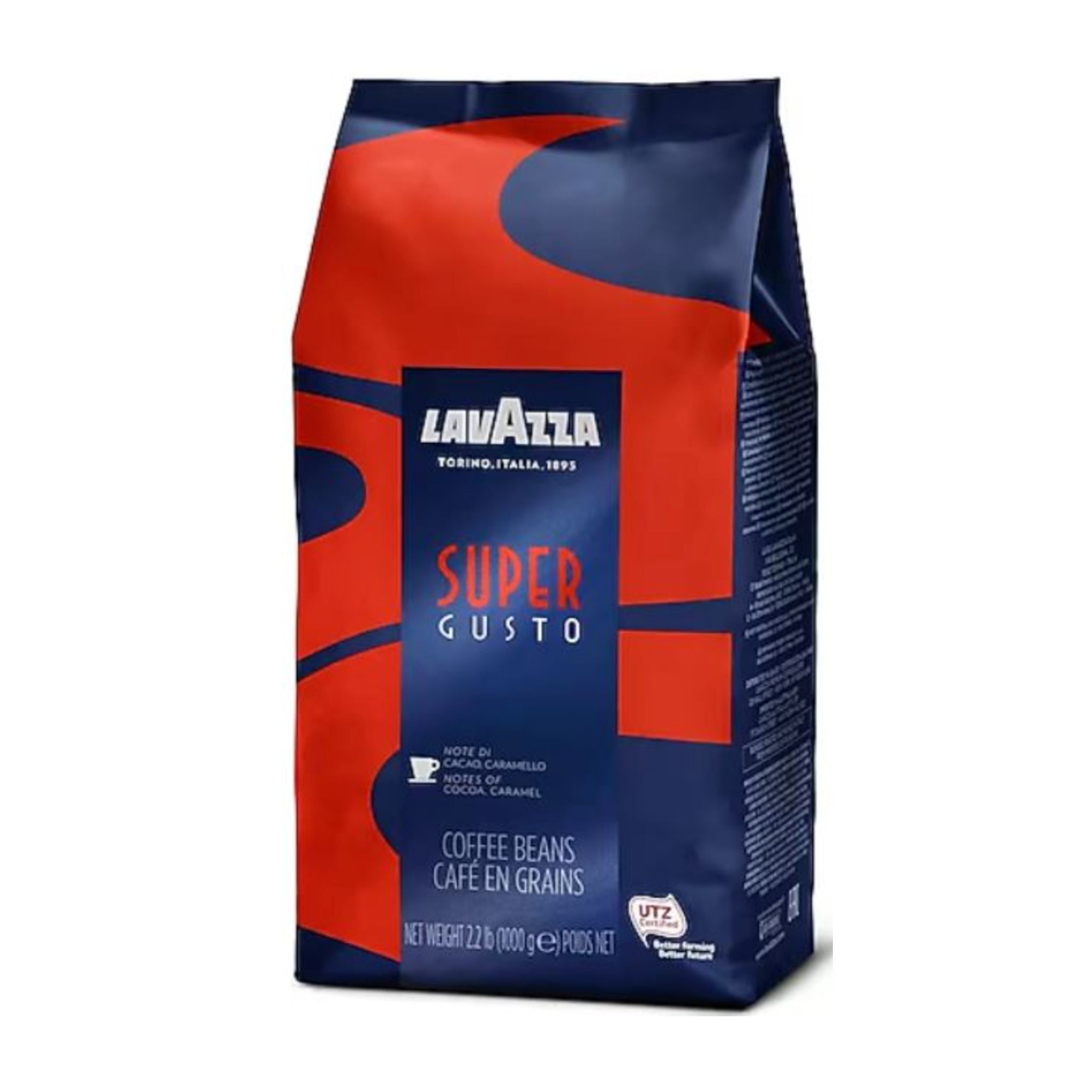 GardenState, Lavazza Specials - Super Gusto Whole Bean Coffee (1kg, Medium Roast, 4/10 Intensity). A balanced 60% Arabica, 40% Robusta blend with rich cocoa, caramel, and warm spice notes. Sustainably sourced and Rainforest Alliance-certified. Ideal for espresso machines, Moka pots, and filter coffee makers. Roasted in Italy for a smooth, aromatic experience.