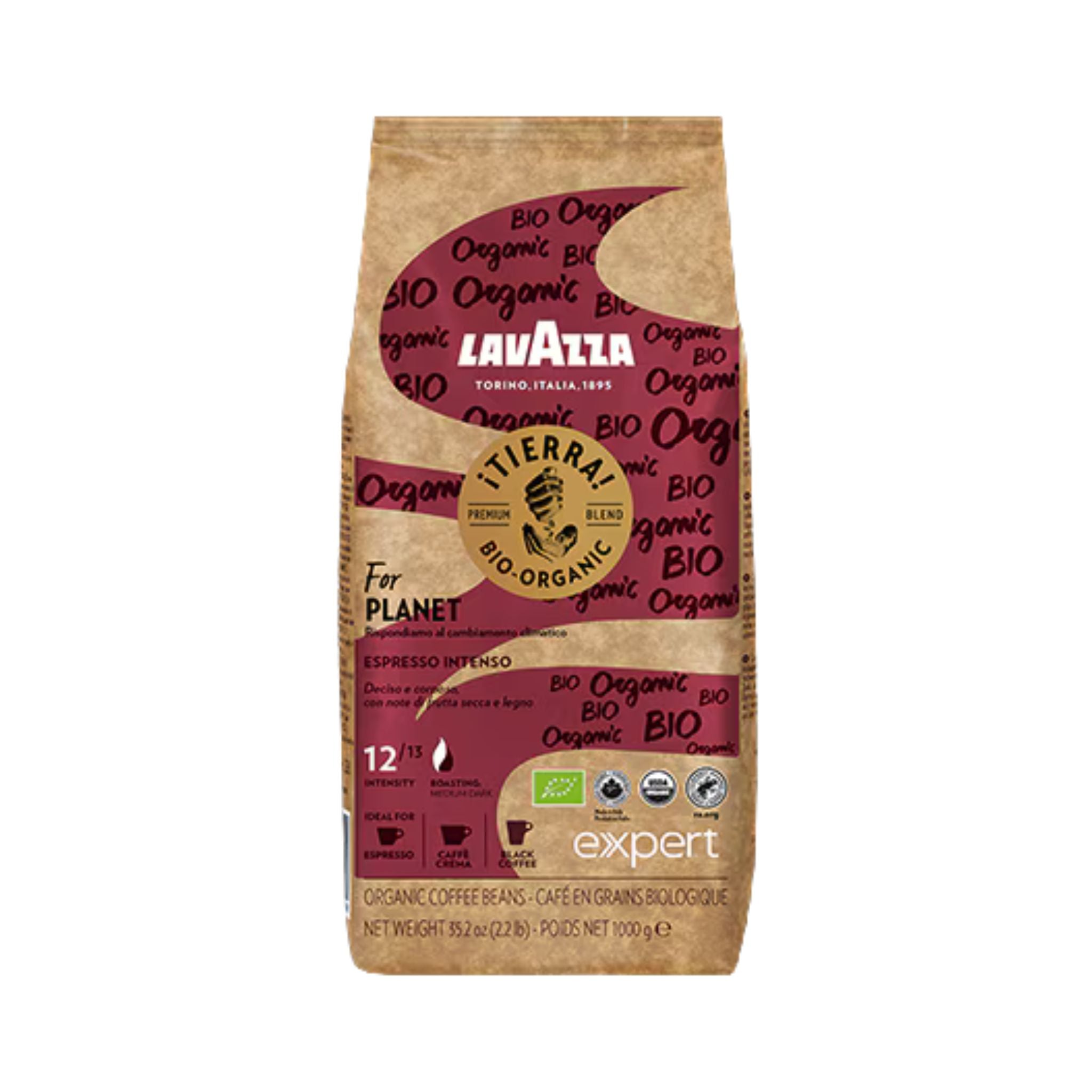 gardenstate wholesale coffee supplier, lavazza tierra bio organic intense whole coffee beans intensity 12 strong italian espresso organic rainforest alliance certified medium dark roast premium beans