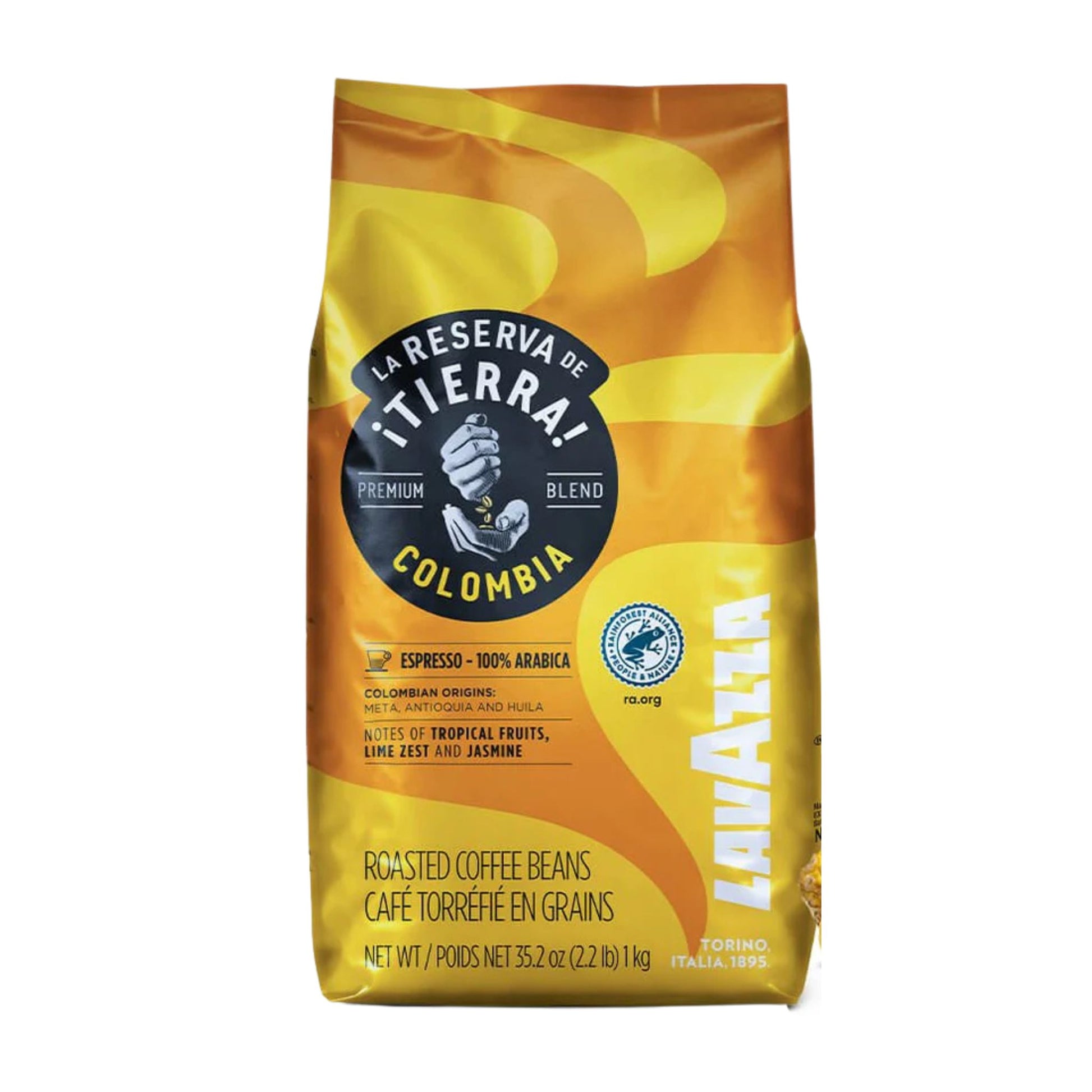 GardenState, Lavazza La Reserva de Tierra Colombia 100% Arabica (1kg) – Dark Roast, 7/10 Intensity. Aromatic blend with tropical fruit, lime zest & jasmine notes. Premium Italian coffee, ideal for espresso, cappuccino & latte. Roasted in Turin, Italy.