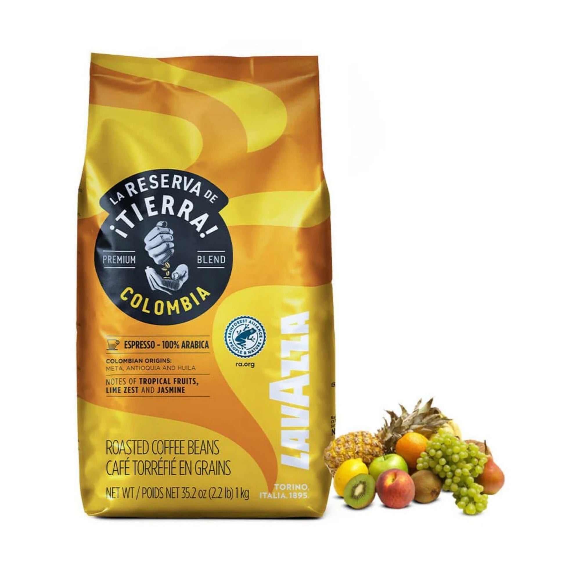 GardenState, Lavazza La Reserva de Tierra Colombia 100% Arabica (1kg) – Dark Roast, 7/10 Intensity. Aromatic blend with tropical fruit, lime zest & jasmine notes. Premium Italian coffee, ideal for espresso, cappuccino & latte. Roasted in Turin, Italy.