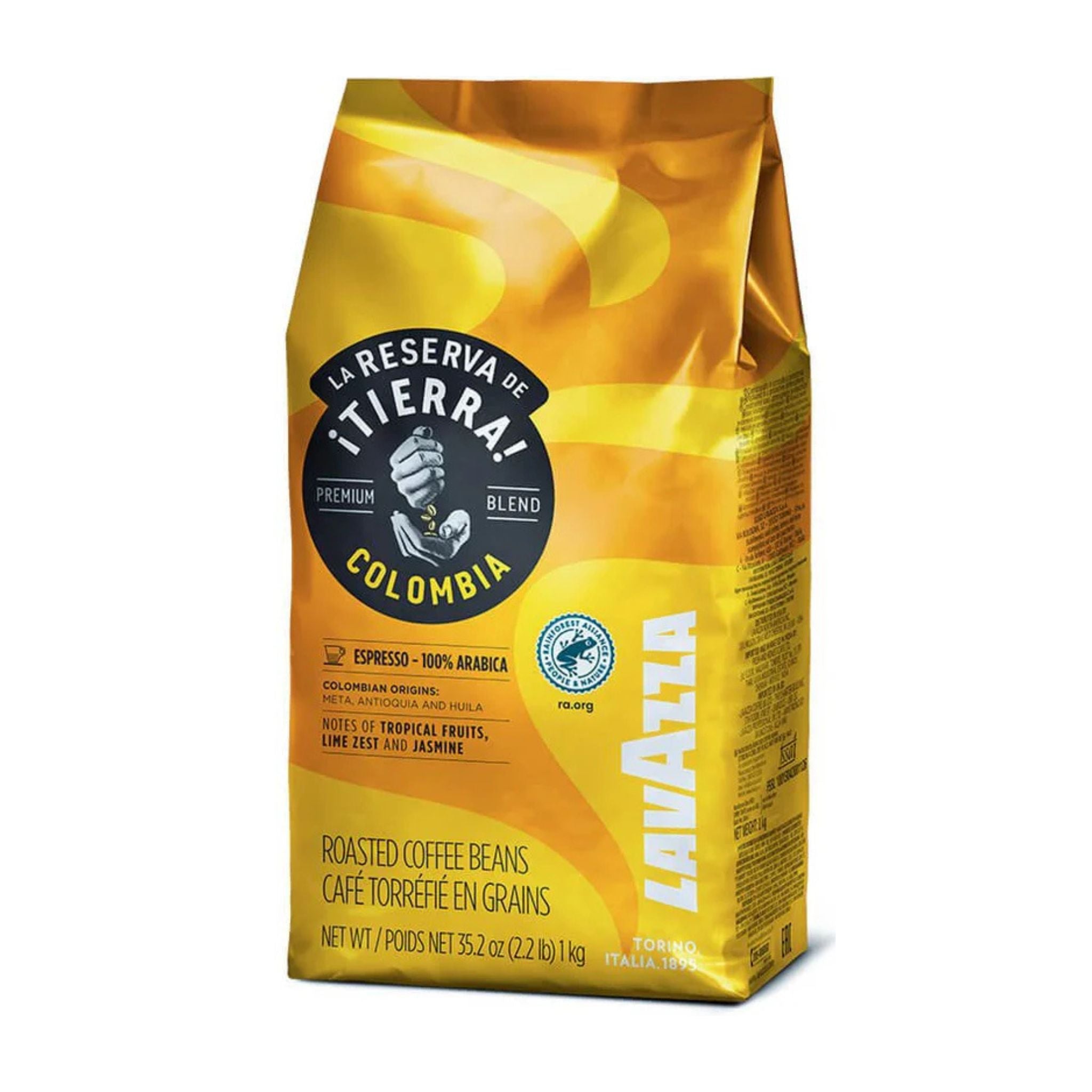 GardenState, Lavazza La Reserva de Tierra Colombia 100% Arabica (1kg) – Dark Roast, 7/10 Intensity. Aromatic blend with tropical fruit, lime zest & jasmine notes. Premium Italian coffee, ideal for espresso, cappuccino & latte. Roasted in Turin, Italy.
