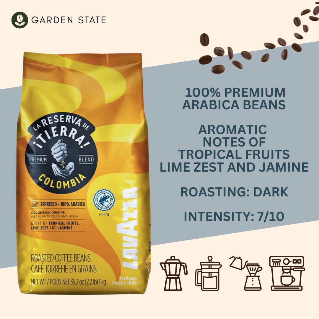 GardenState, Lavazza La Reserva de Tierra Colombia 100% Arabica (1kg) – Dark Roast, 7/10 Intensity. Aromatic blend with tropical fruit, lime zest & jasmine notes. Premium Italian coffee, ideal for espresso, cappuccino & latte. Roasted in Turin, Italy.