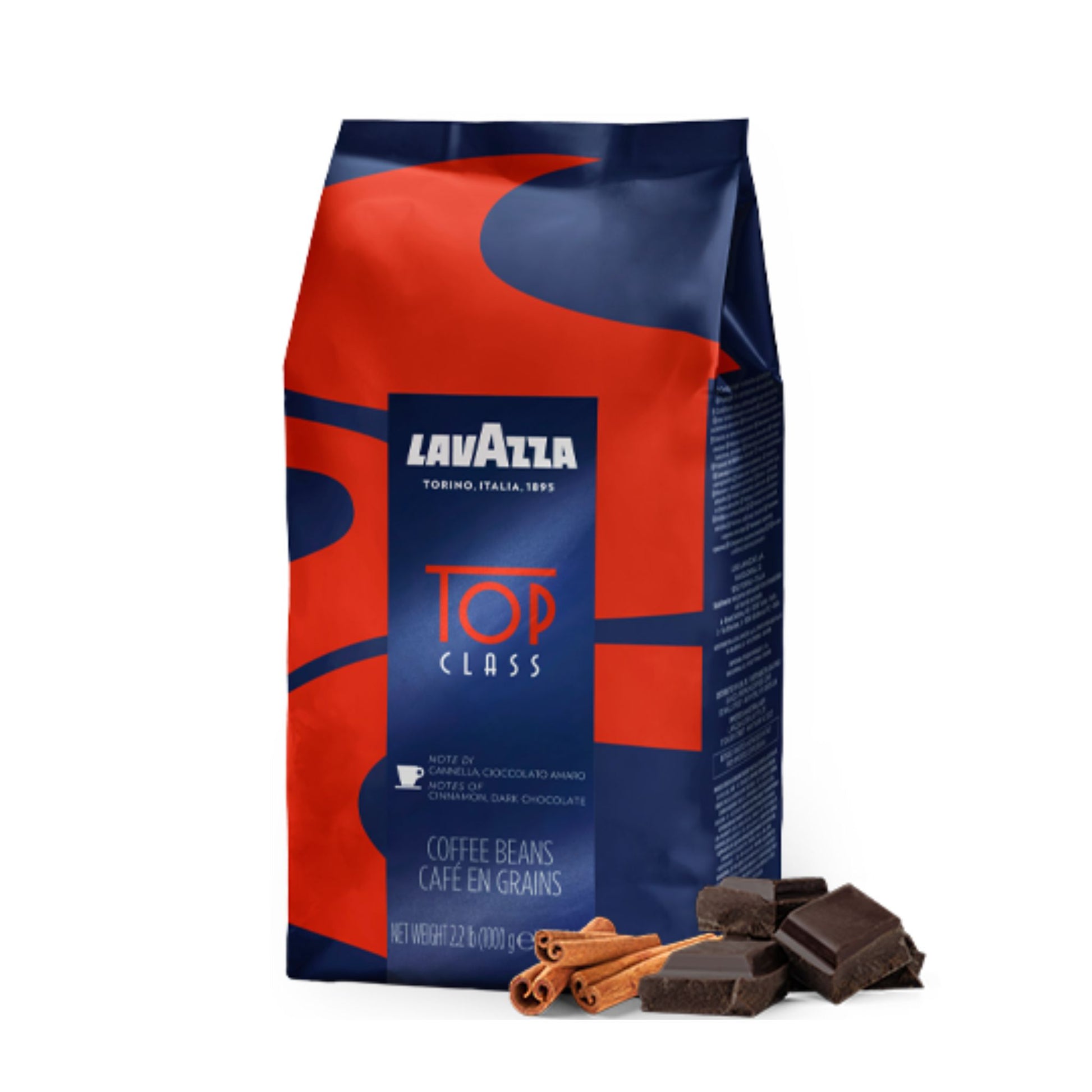 GardenState, Lavazza Top Class 1KG whole coffee beans, medium roast with 50% Arabica and 50% Robusta. Full-bodied blend with notes of dark chocolate and cinnamon. Ideal for espresso and drip coffee. Roasted in Italy. Intensity 7/10.