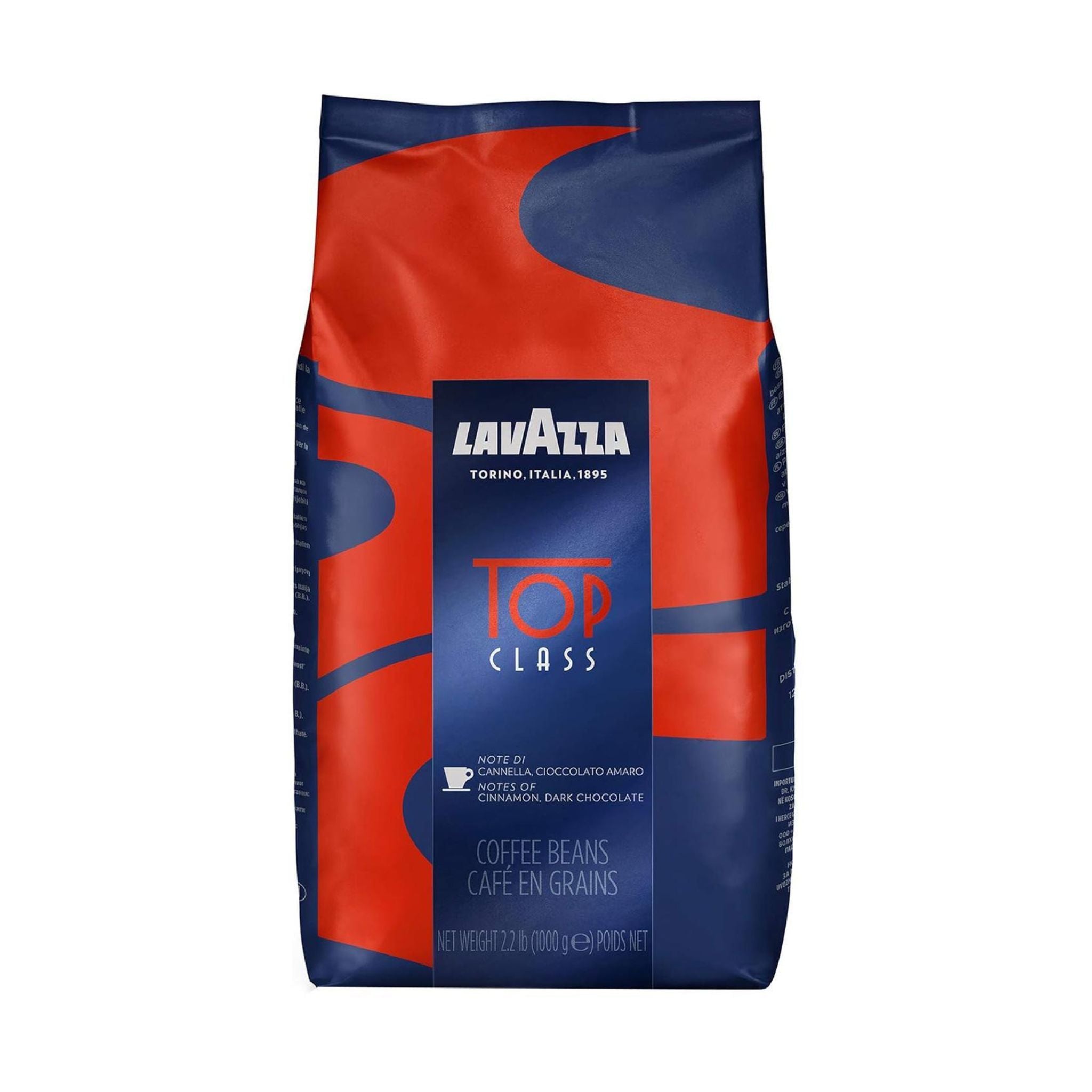GardenState, Lavazza Top Class 1KG whole coffee beans, medium roast with 50% Arabica and 50% Robusta. Full-bodied blend with notes of dark chocolate and cinnamon. Ideal for espresso and drip coffee. Roasted in Italy. Intensity 7/10.