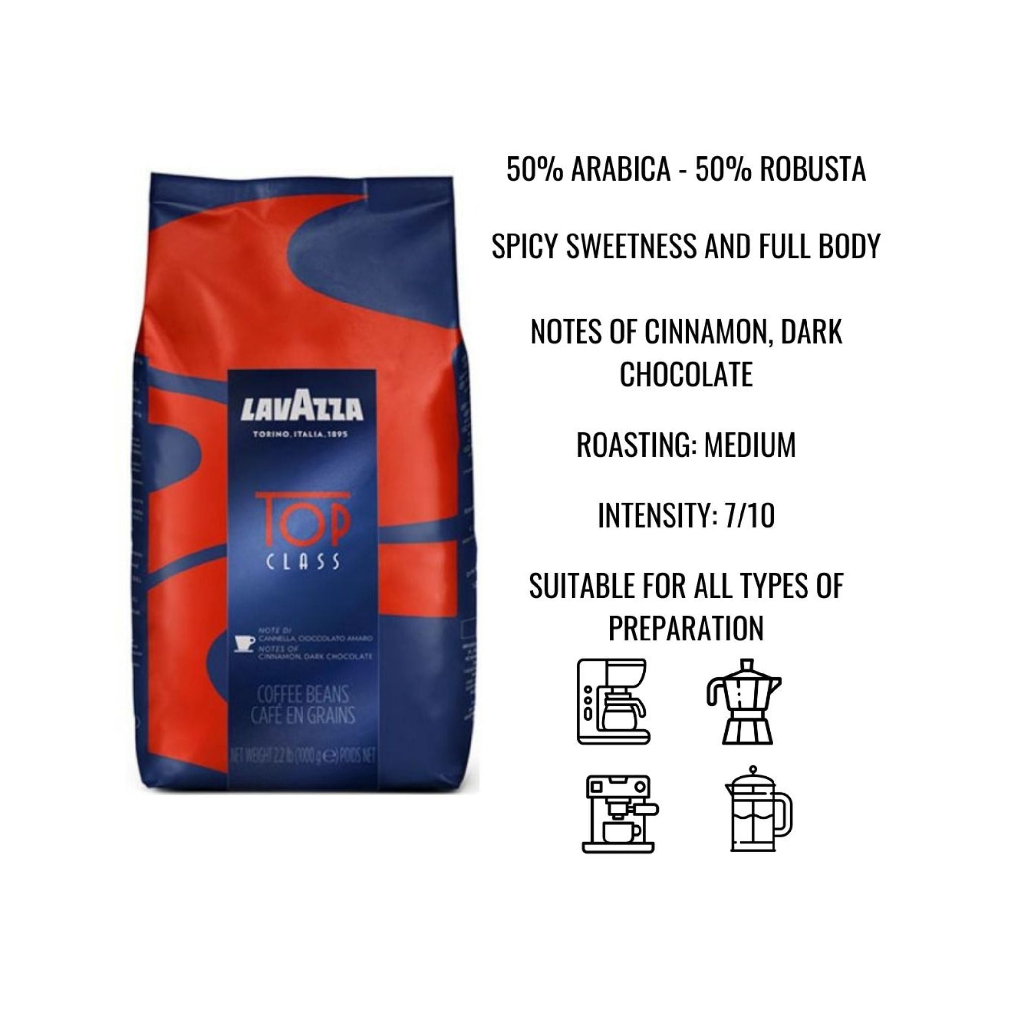 GardenState, Lavazza Top Class 1KG whole coffee beans, medium roast with 50% Arabica and 50% Robusta. Full-bodied blend with notes of dark chocolate and cinnamon. Ideal for espresso and drip coffee. Roasted in Italy. Intensity 7/10.