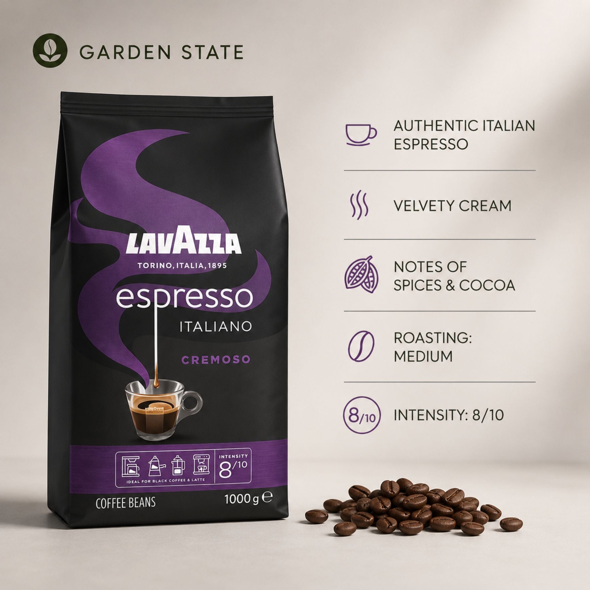 GardenState, Lavazza Espresso Italiano Cremoso Whole Coffee Beans (1kg) – Medium Roast, 8/10 Intensity. Premium Italian coffee with a creamy, well-balanced taste. Ideal for espresso, black coffee, and caffe crema. 30% Arabica, 70% Robusta blend for rich flavor.