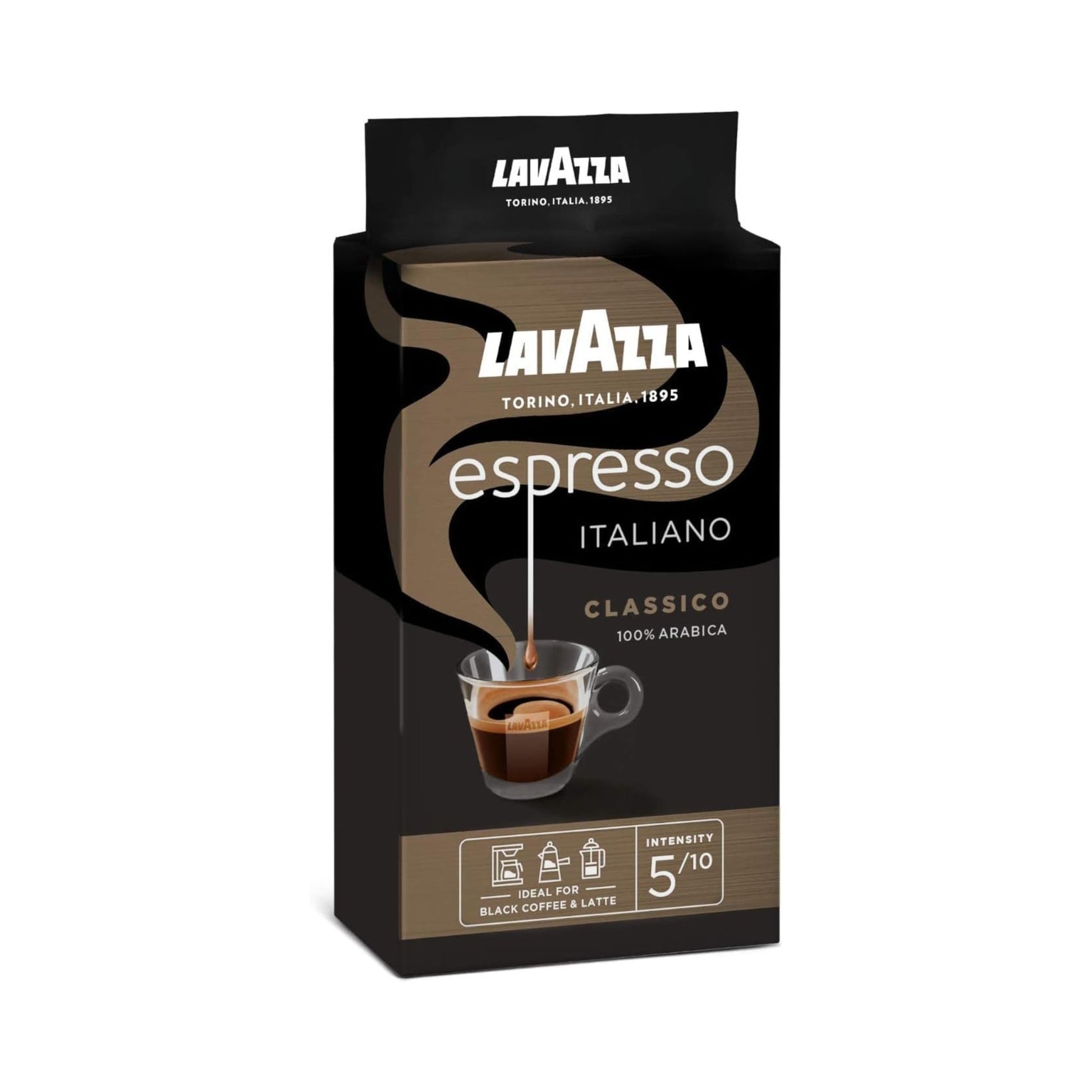 GardenState, Lavazza Espresso Italiano Classico Ground Coffee, 100% Arabica, light roast with 5/10 intensity. Features floral and fruity notes with a smooth, aromatic taste. Ideal for espresso machines, cappuccinos, and lattes. Blended and roasted in Italy, nut-free, and made from premium coffee beans. Perfect for cafés, offices, and restaurants.
