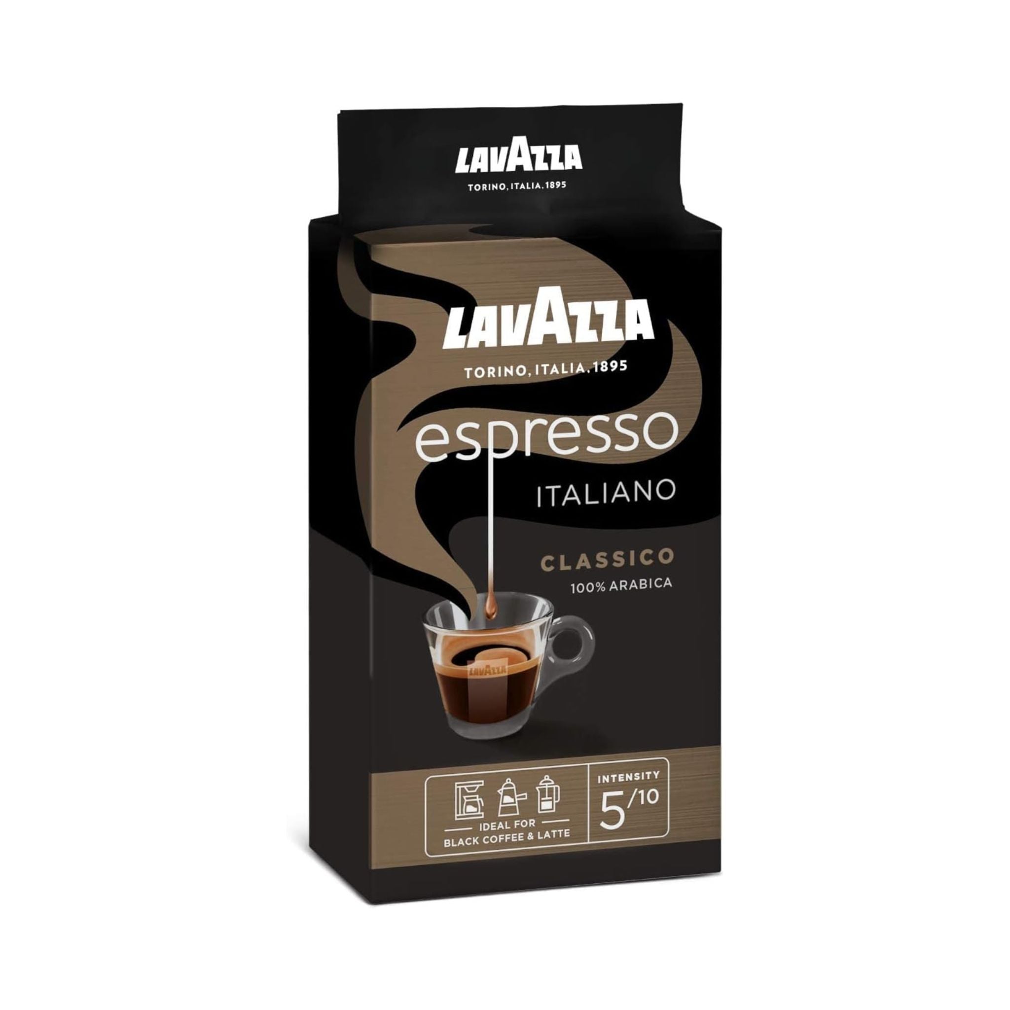 GardenState, Lavazza Espresso Italiano Classico Ground Coffee, 100% Arabica, light roast with 5/10 intensity. Features floral and fruity notes with a smooth, aromatic taste. Ideal for espresso machines, cappuccinos, and lattes. Blended and roasted in Italy, nut-free, and made from premium coffee beans. Perfect for cafés, offices, and restaurants.