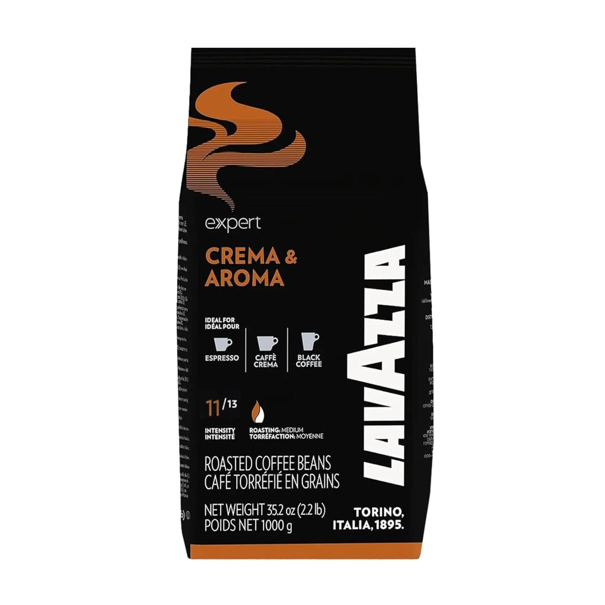 GardenState, Lavazza Expert Crema & Aroma Whole Coffee Beans (1kg) – A premium blend of 40% Arabica and 60% Robusta, medium roast (11/13 intensity). Rich, well-balanced flavor with notes of dried fruit, pine woods, and dark chocolate. Ideal for espresso, black coffee & milk-based drinks.