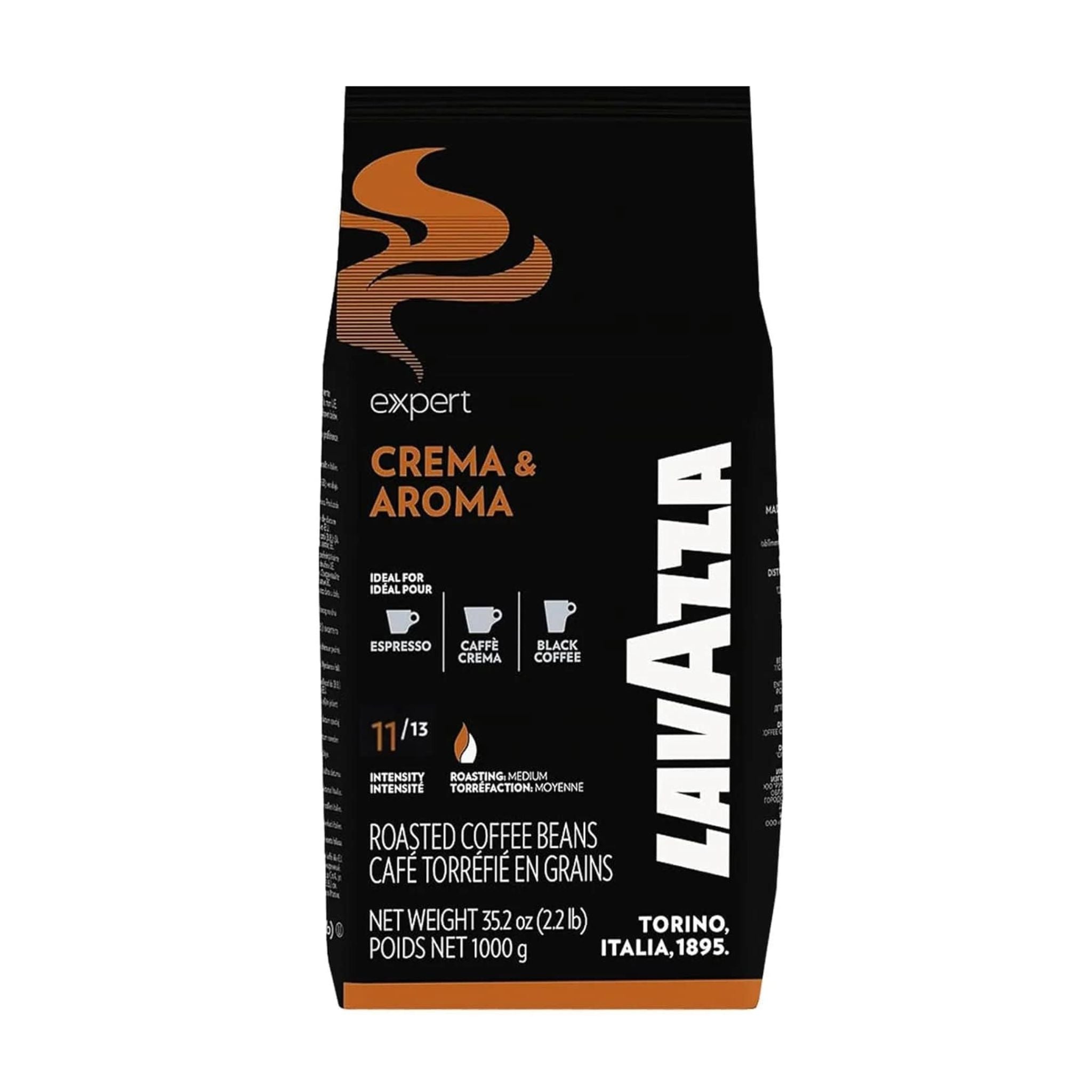 GardenState, Lavazza Expert Crema & Aroma Whole Coffee Beans (1kg) – A premium blend of 40% Arabica and 60% Robusta, medium roast (11/13 intensity). Rich, well-balanced flavor with notes of dried fruit, pine woods, and dark chocolate. Ideal for espresso, black coffee & milk-based drinks.