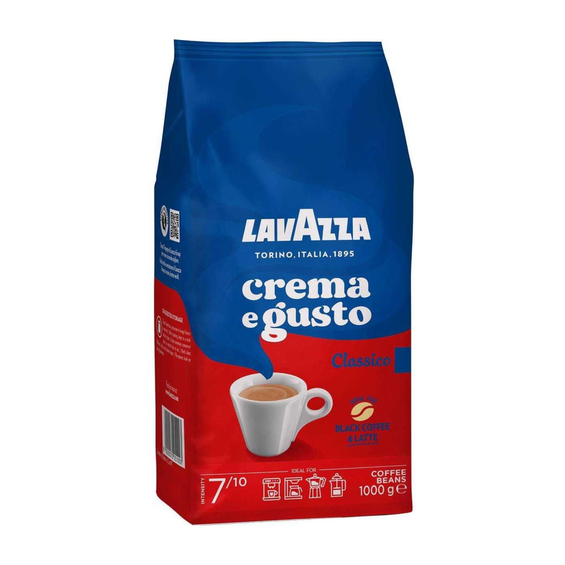 GardenState, Lavazza Crema e Gusto Classico (1kg) – Full-bodied, aromatic Italian whole bean coffee. A premium dark roast blend of Brazilian Arabica and African & Indonesian Robusta, offering a rich, smooth taste with warm spice notes. Perfect for espresso machines, cafés, restaurants, and offices. Roasted in Italy, nut-free, and packed for freshness. Ideal for professional coffee brewing.