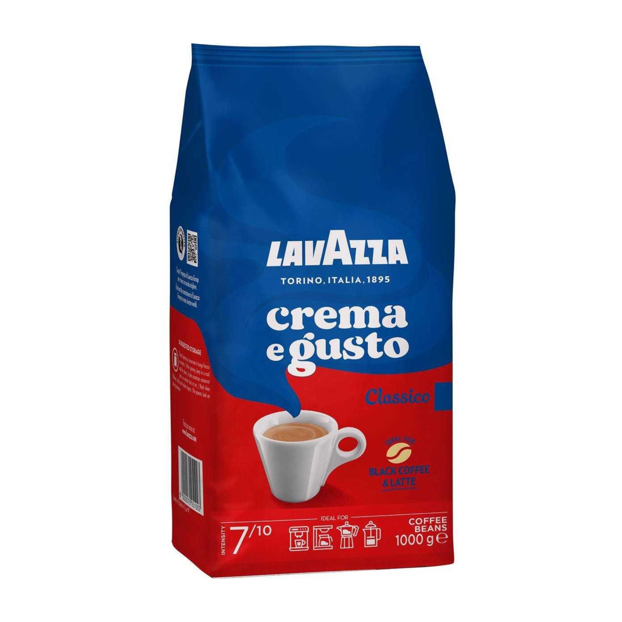 GardenState, Lavazza Crema e Gusto Classico (1kg) – Full-bodied, aromatic Italian whole bean coffee. A premium dark roast blend of Brazilian Arabica and African & Indonesian Robusta, offering a rich, smooth taste with warm spice notes. Perfect for espresso machines, cafés, restaurants, and offices. Roasted in Italy, nut-free, and packed for freshness. Ideal for professional coffee brewing.