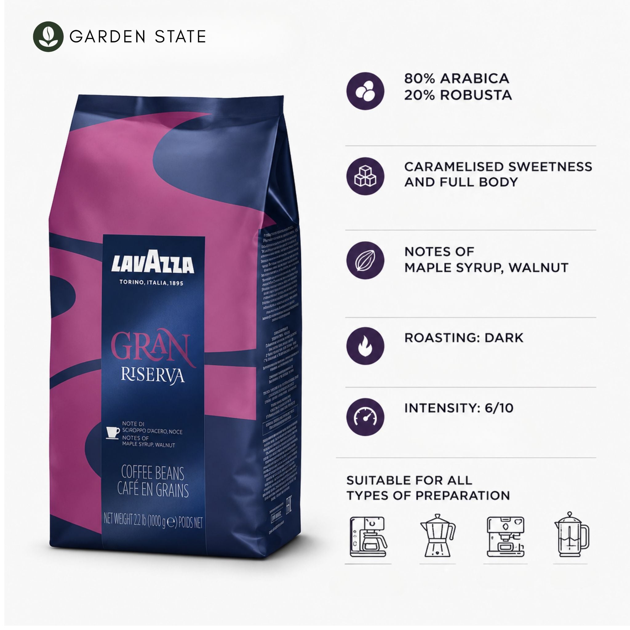 GardenState,Lavazza Gran Riserva (1KG) – Dark roast (6/10 intensity) with 80% Arabica & 20% Robusta. Notes of maple syrup & walnut. Ideal for espresso & professional use. Roasted in Italy, nut-free, perfect for cafés, offices & restaurants.