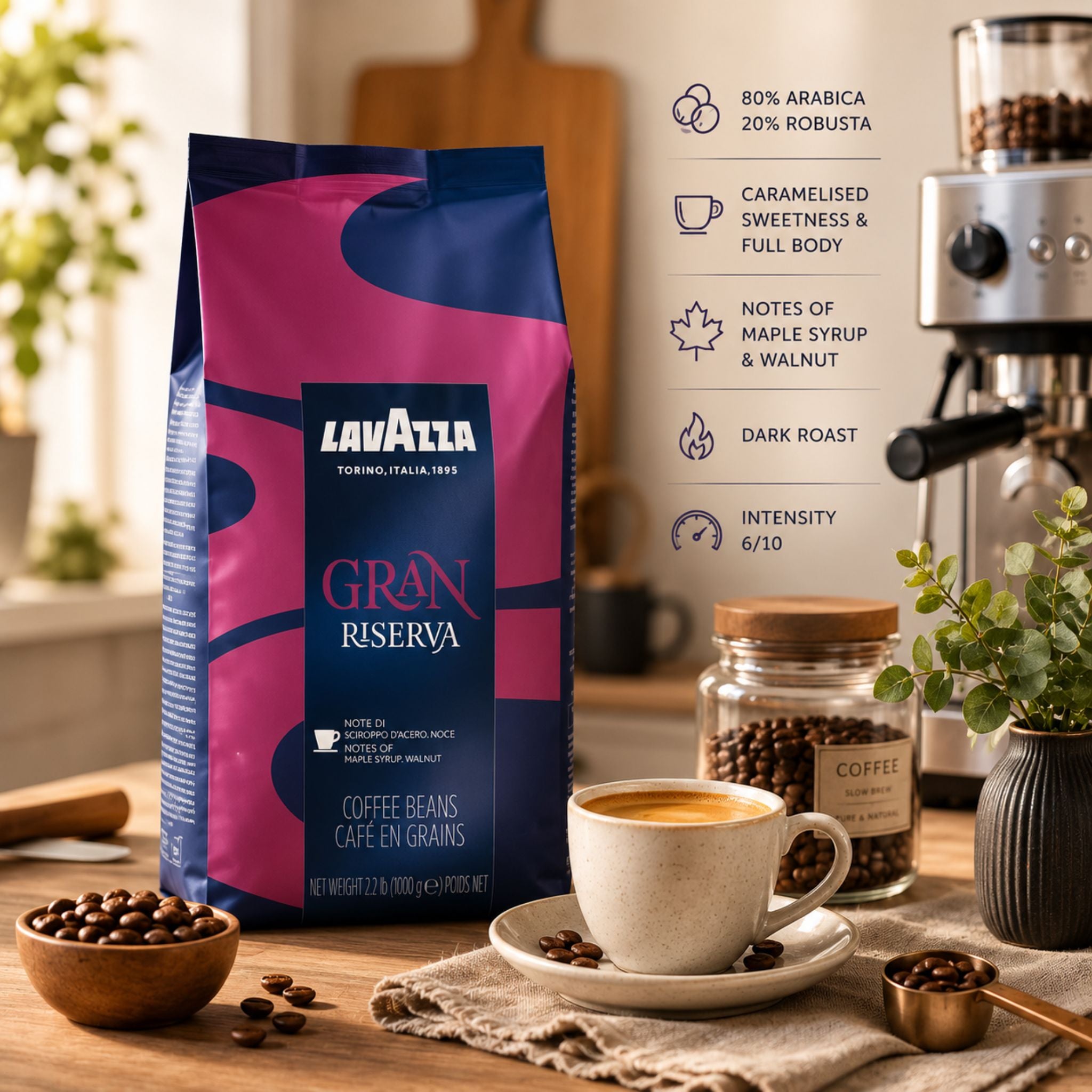 GardenState,Lavazza Gran Riserva (1KG) – Dark roast (6/10 intensity) with 80% Arabica & 20% Robusta. Notes of maple syrup & walnut. Ideal for espresso & professional use. Roasted in Italy, nut-free, perfect for cafés, offices & restaurants.
