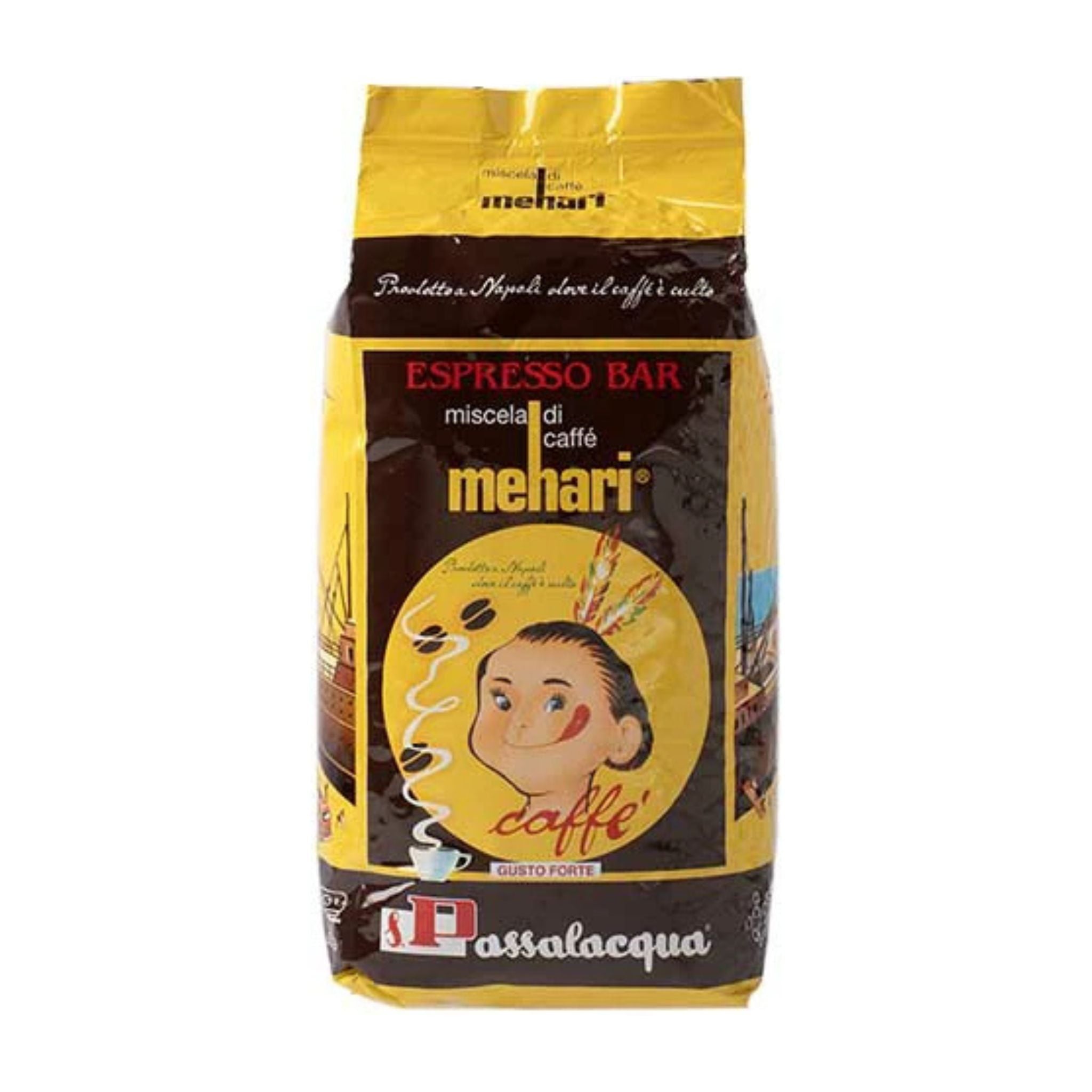 GardenState, Passalacqua Mehari Gusto Forte whole coffee beans in a 1KG pack, featuring a chocolatey, malty flavor with a balanced 50/50 Arabica and Robusta blend for a high-intensity espresso experience.
