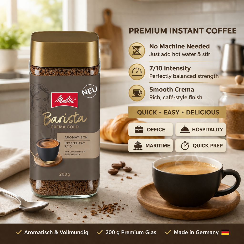 Melitta Barista Instant Crema Gold 200g premium instant coffee jar for office hospitality and maritime use in Singapore with smooth crema and quick preparation