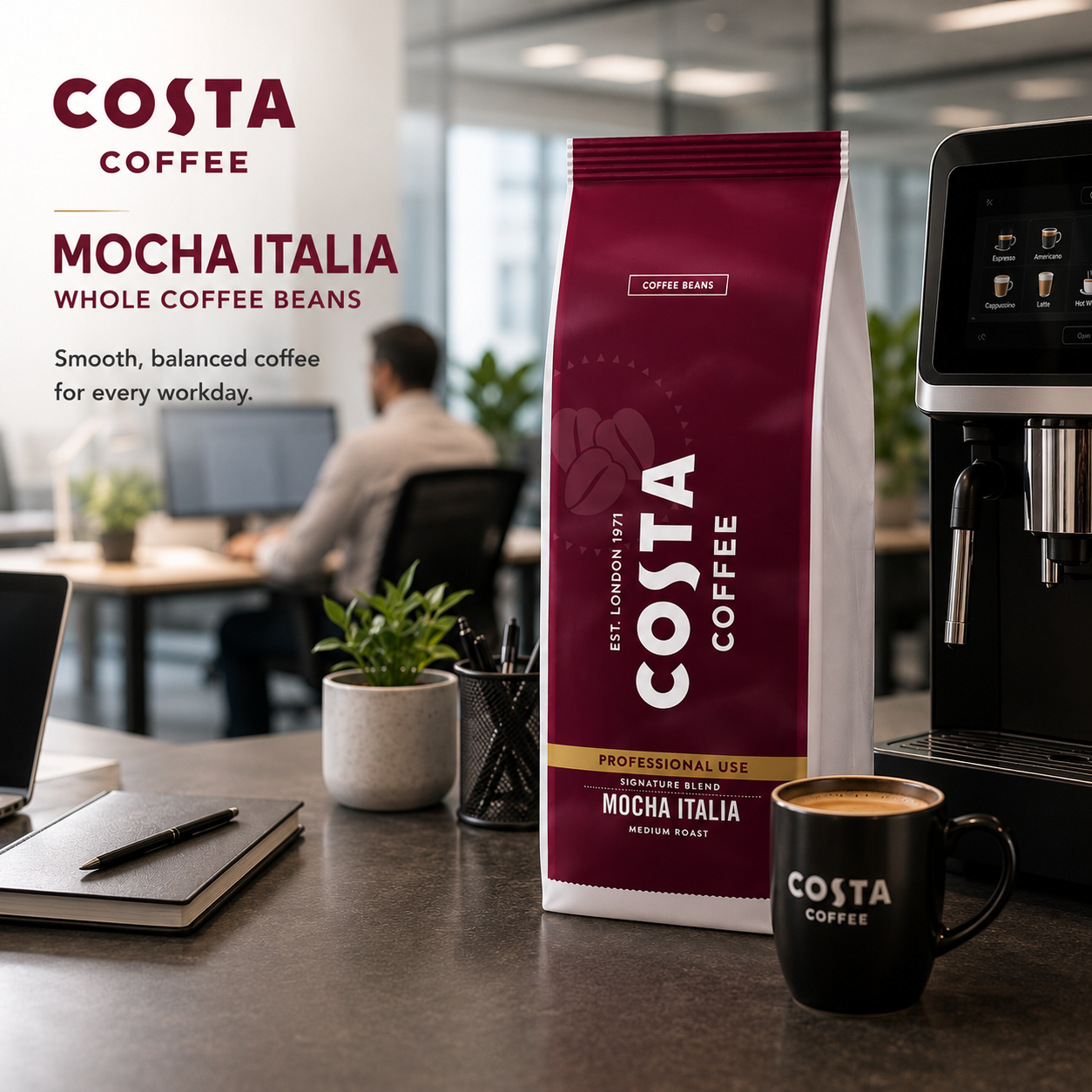 GardenState, Costa Coffee Mocha Italia Medium Roast whole bean coffee (1 kg bag). Office coffee supply Singapore.