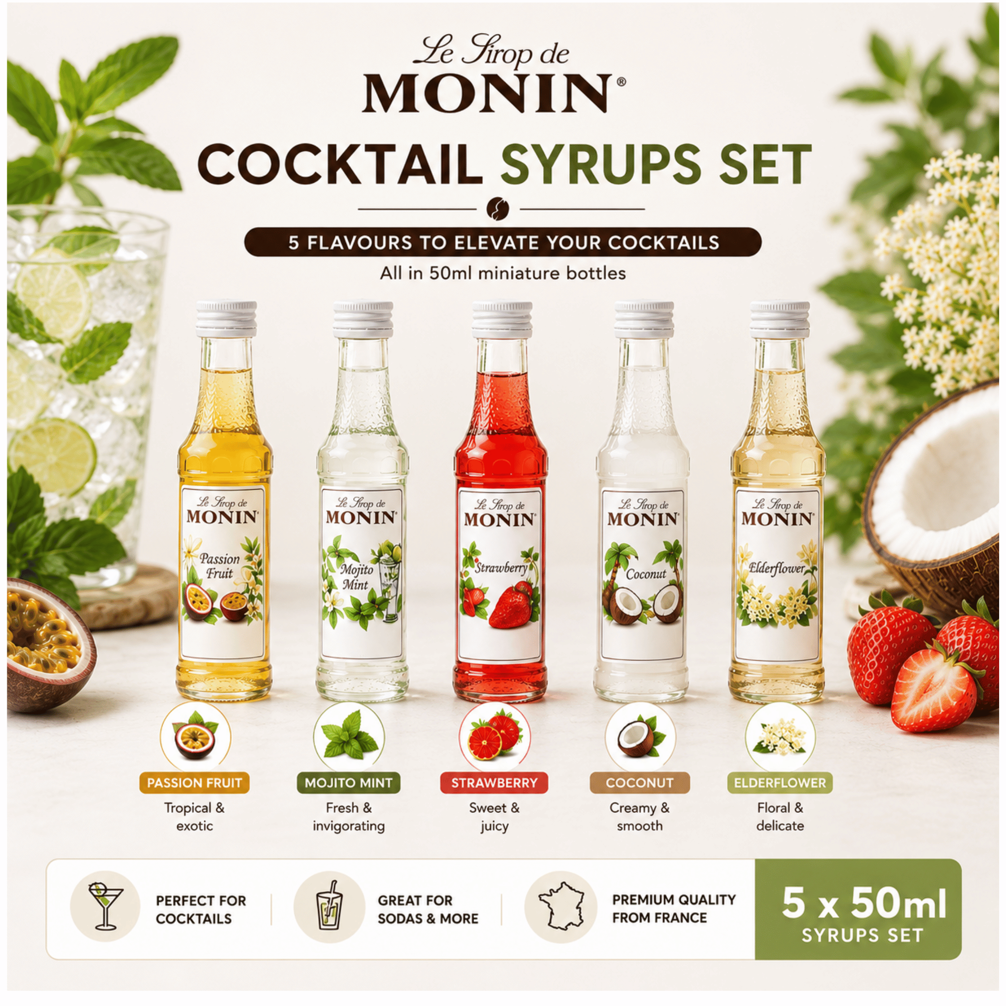 Monin Cocktail Syrups Gift Set (5 x 50ml) – Passion Fruit - Mojito Mint - Strawberry - Coconut - Elderflower
