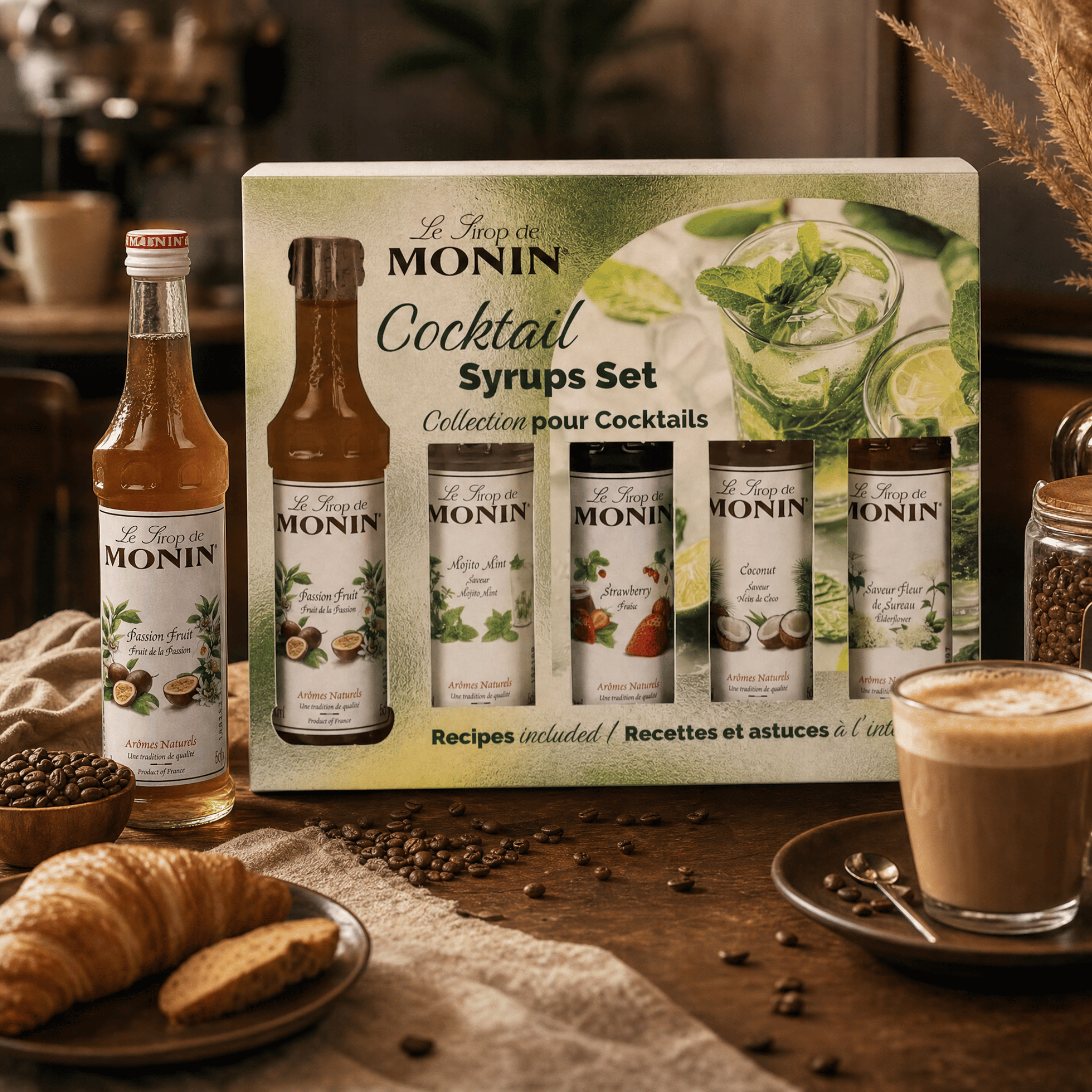 Monin Cocktail Syrups Gift Set (5 x 50ml) – Passion Fruit - Mojito Mint - Strawberry - Coconut - Elderflower