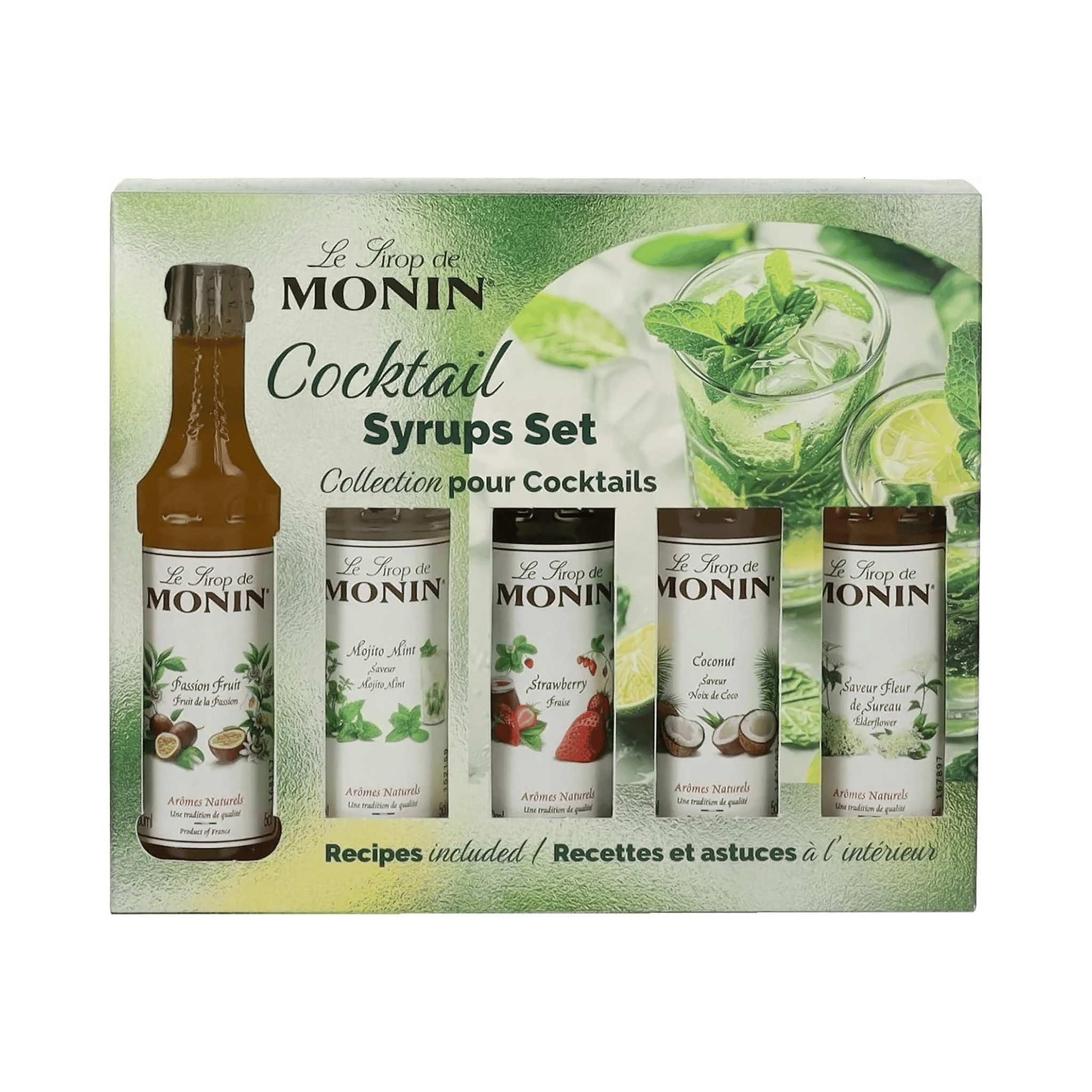 Monin Cocktail Syrups Gift Set (5 x 50ml) – Passion Fruit - Mojito Mint - Strawberry - Coconut - Elderflower