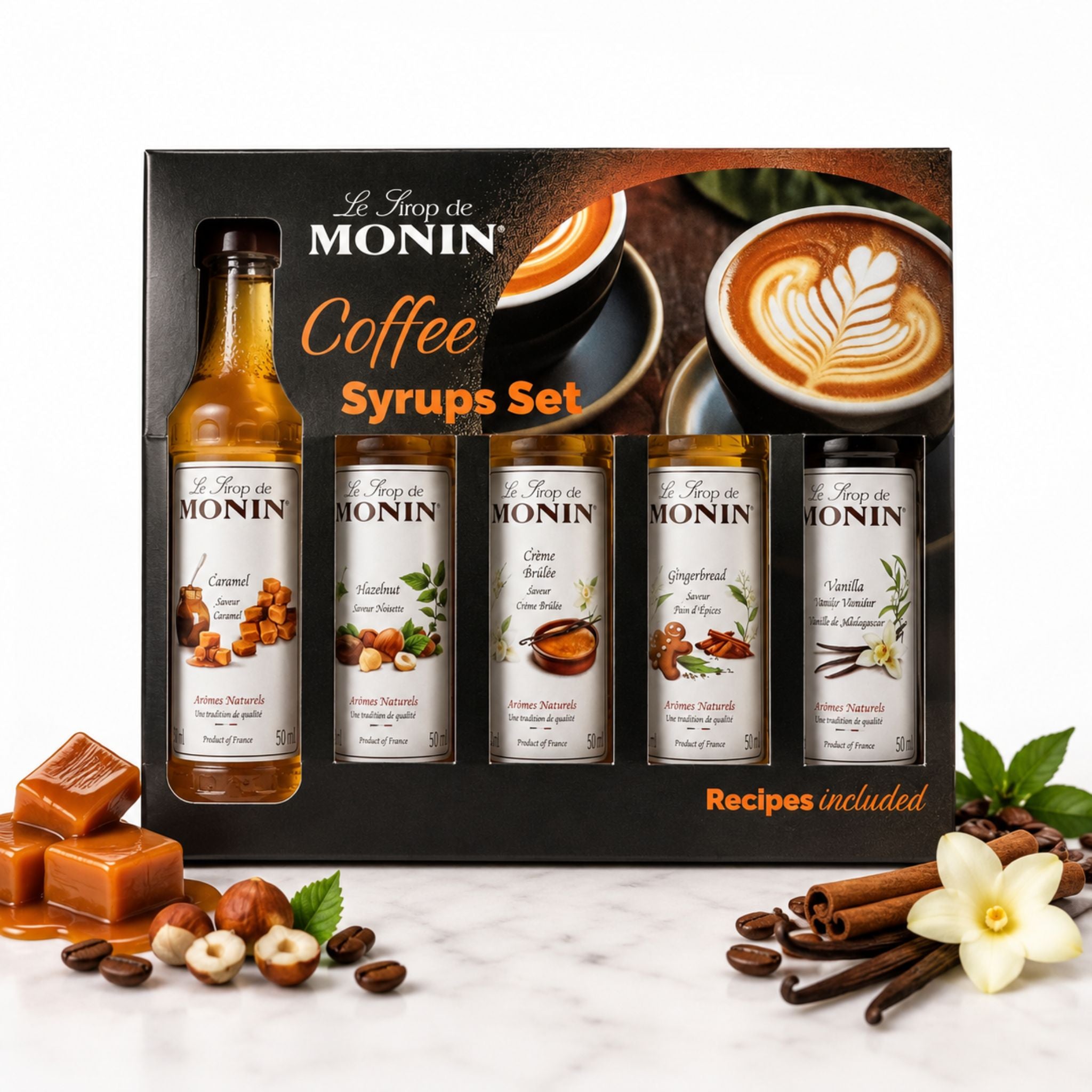 Monin Coffee Syrups Gift Set (5x 50 ml) - Caramel, Hazelnut, Crème Brûlée, Gingerbread and Vanilla