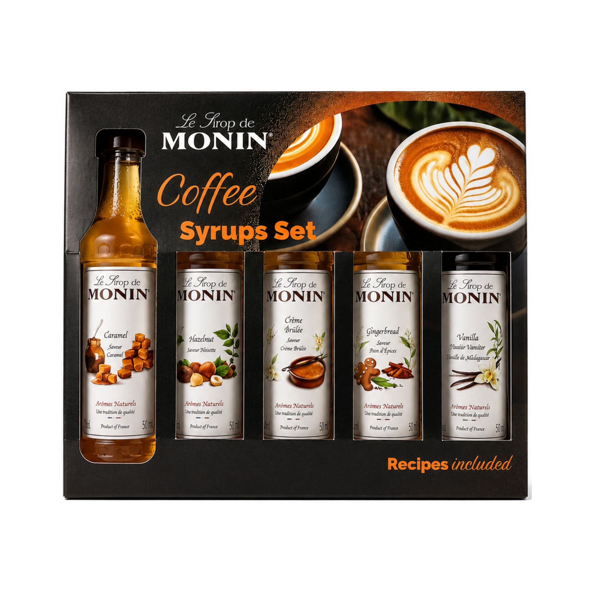 Monin Coffee Syrups Gift Set featuring assorted flavoured syrups. Premium beverage ingredient for coffee shops, hospitality venues, foodservice operators and workplace coffee stations.